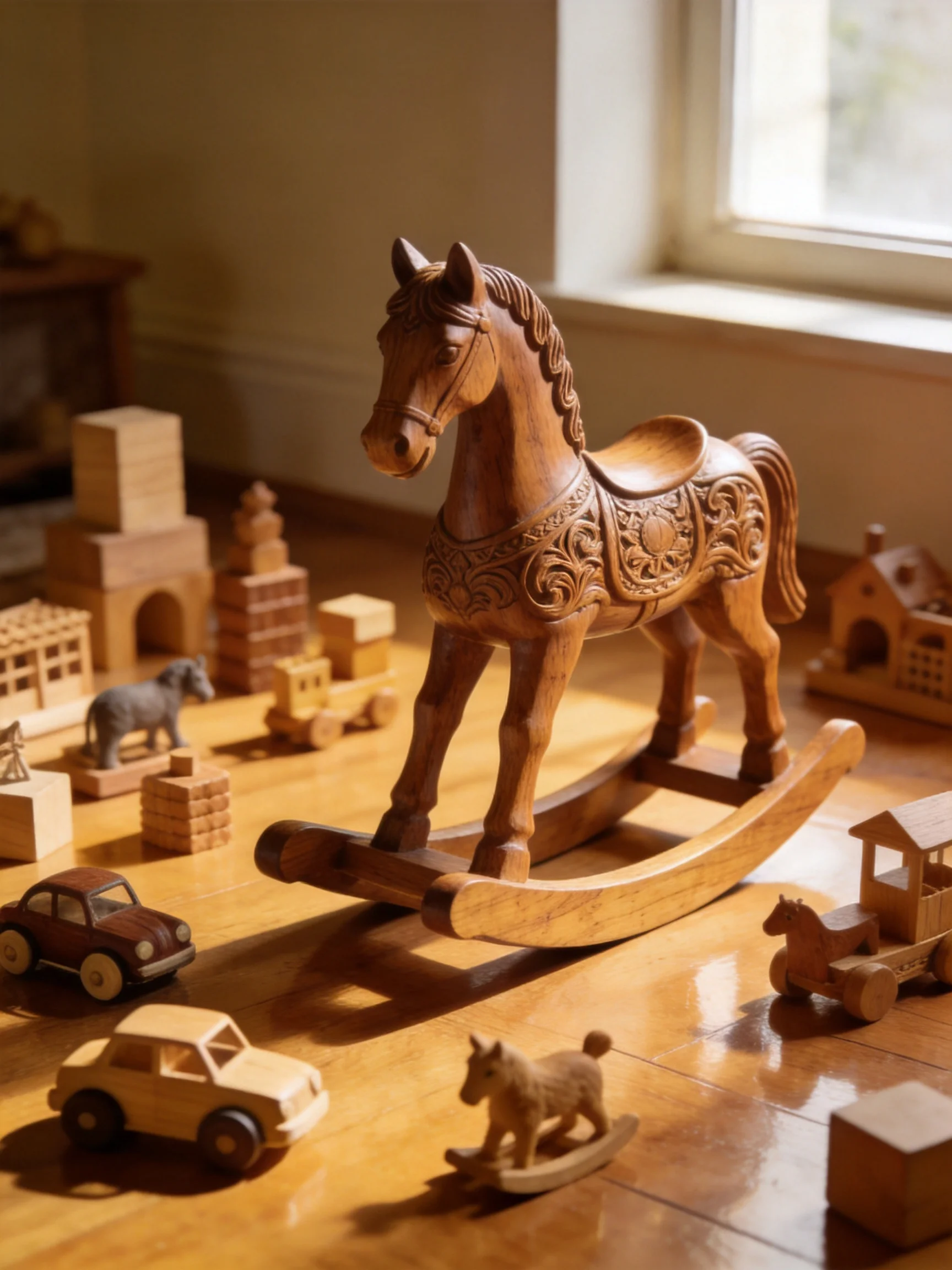 A large intricately carved wooden rocking horse among assorted small wooden toys