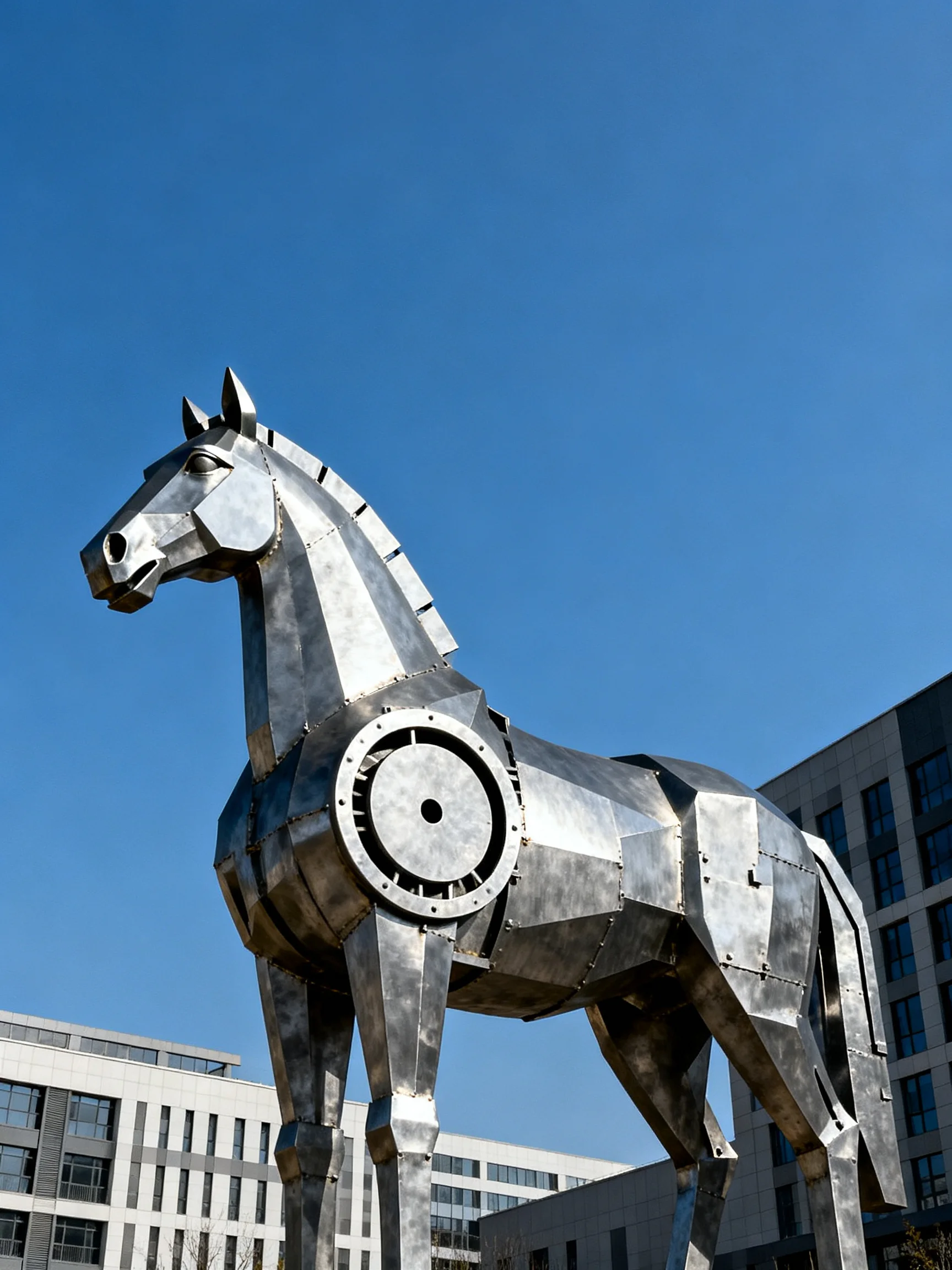 A large silver mechanical horse sculpture near modern buildings