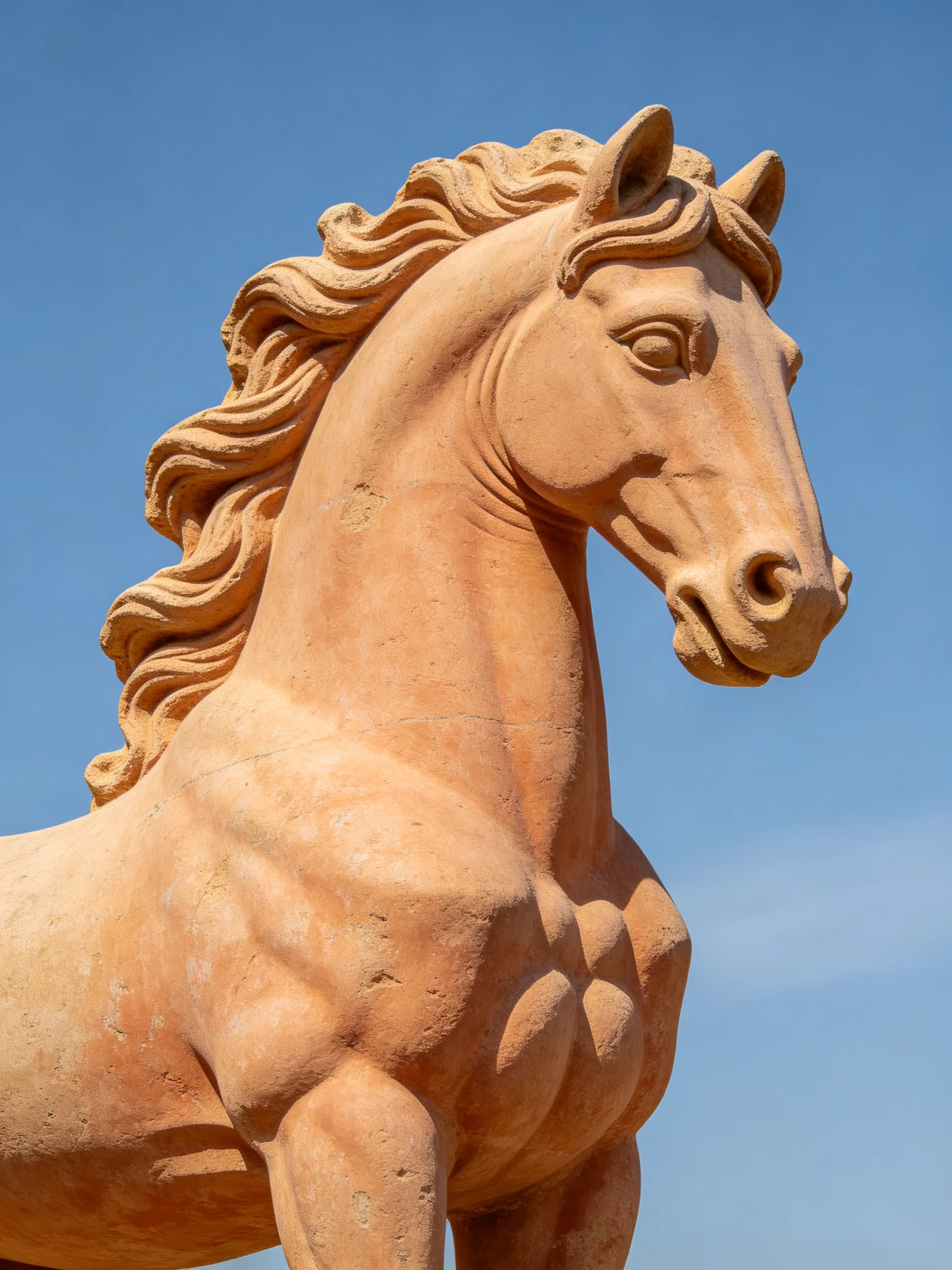 A large terracotta horse sculpture with flowing mane against clear blue sky