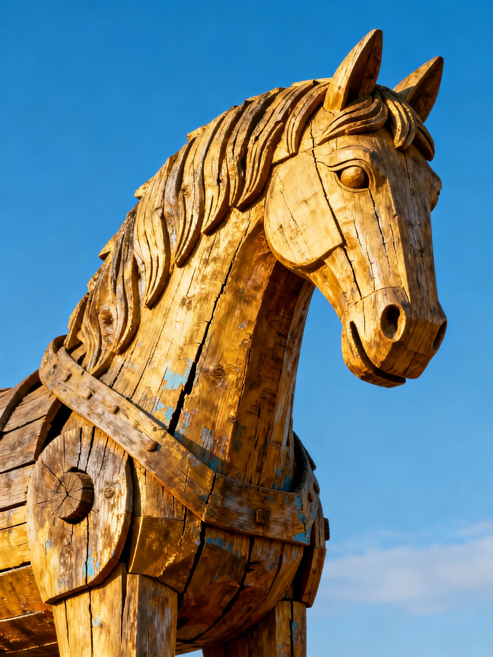 A large, weathered wooden horse sculpture against a clear blue sky