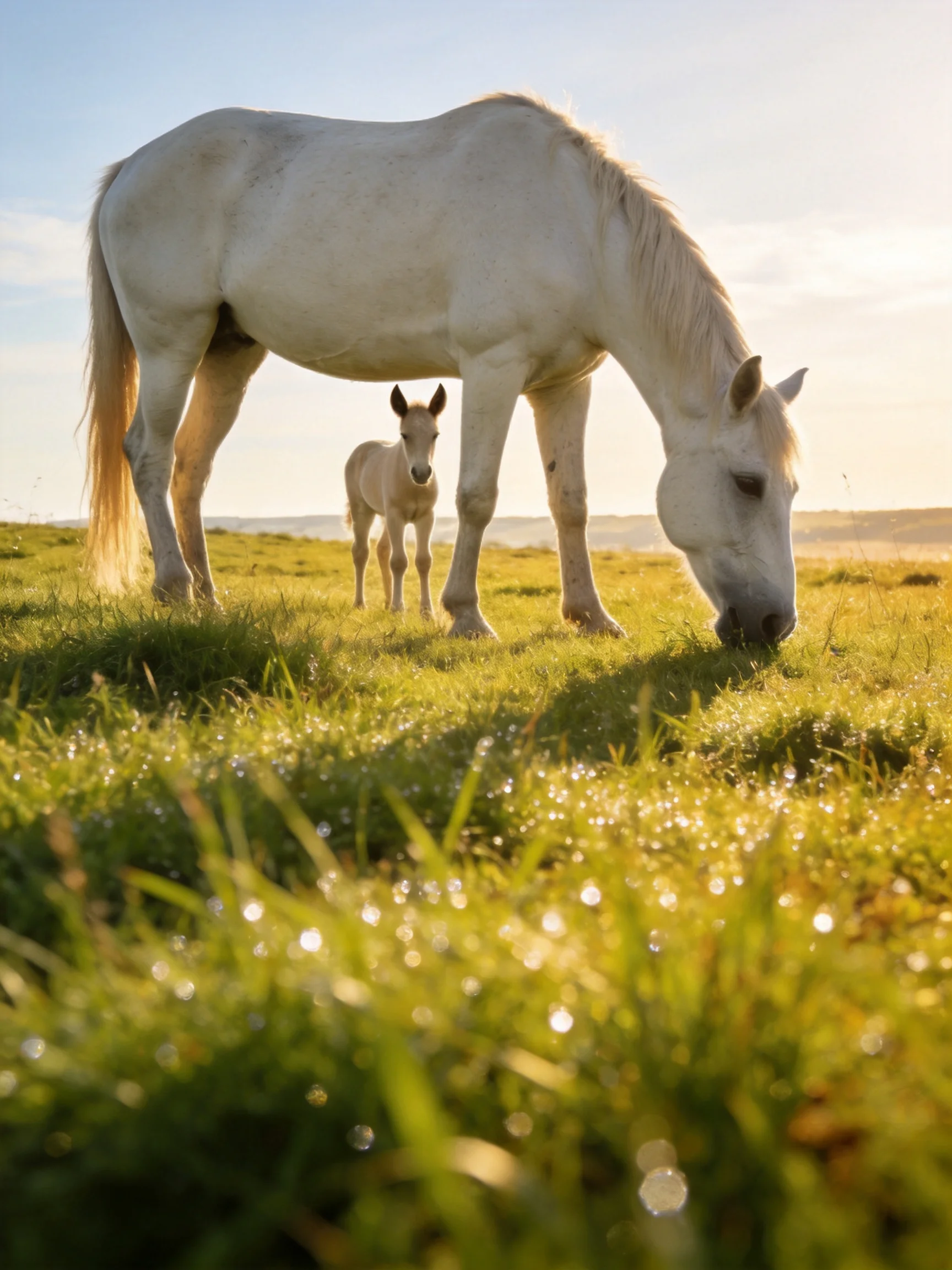 A large white horse and foal graze in dewy sunlit meadow