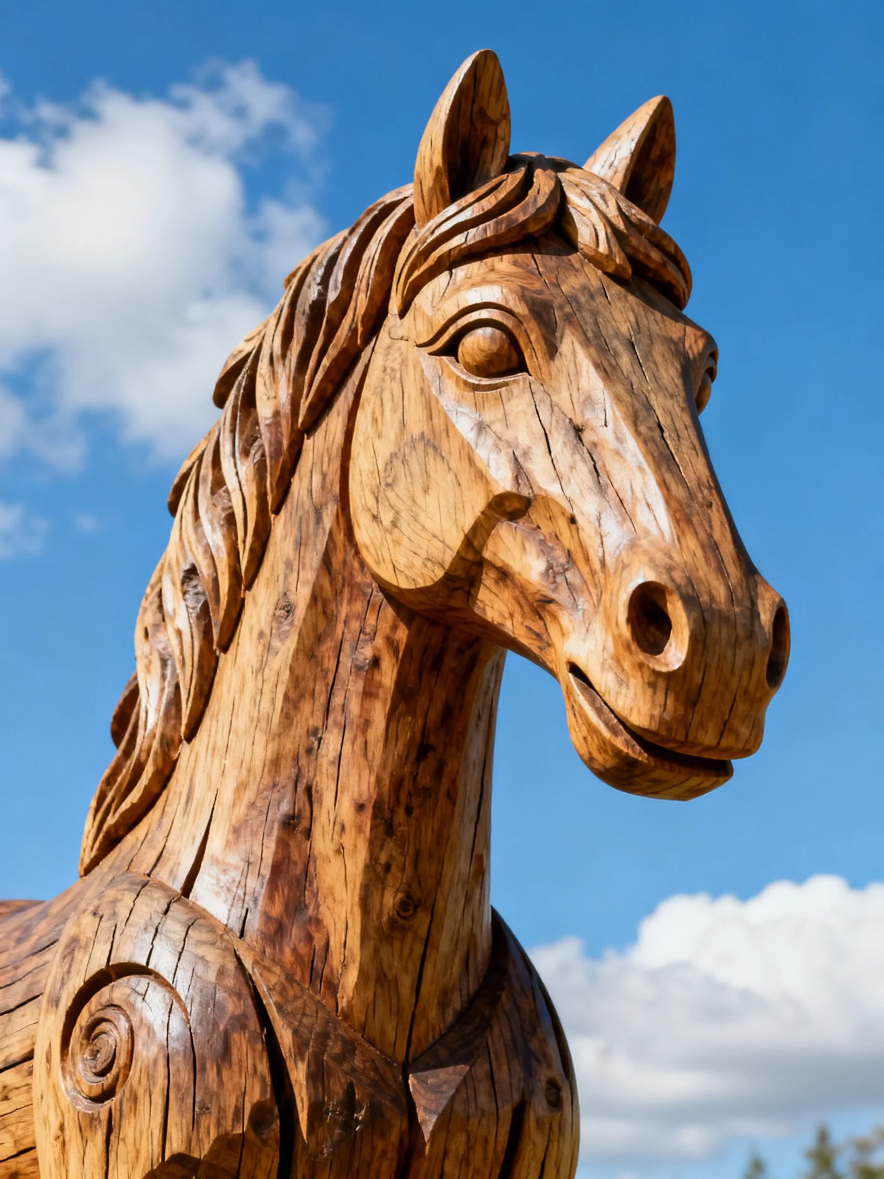 A large wooden horse sculpture with intricate carvings outdoors