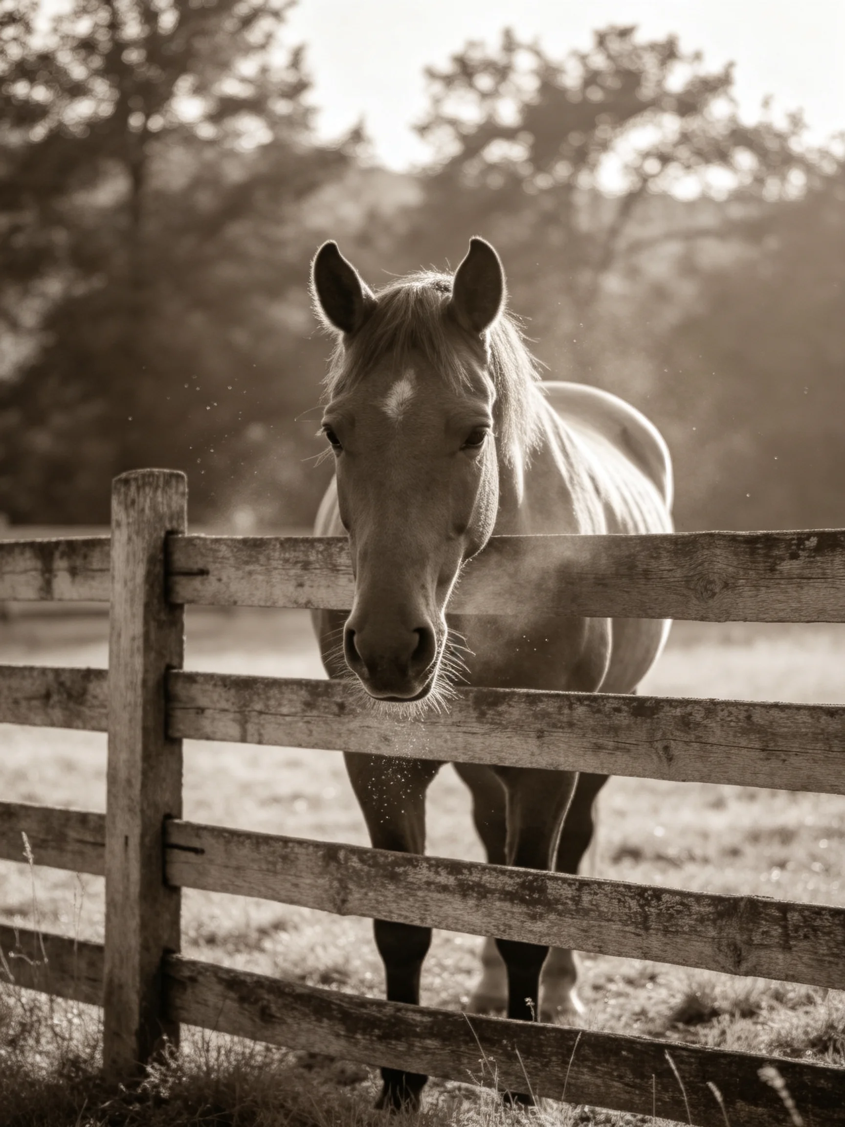 A light - colored horse peers over a weathered wooden fence in a sunlit field