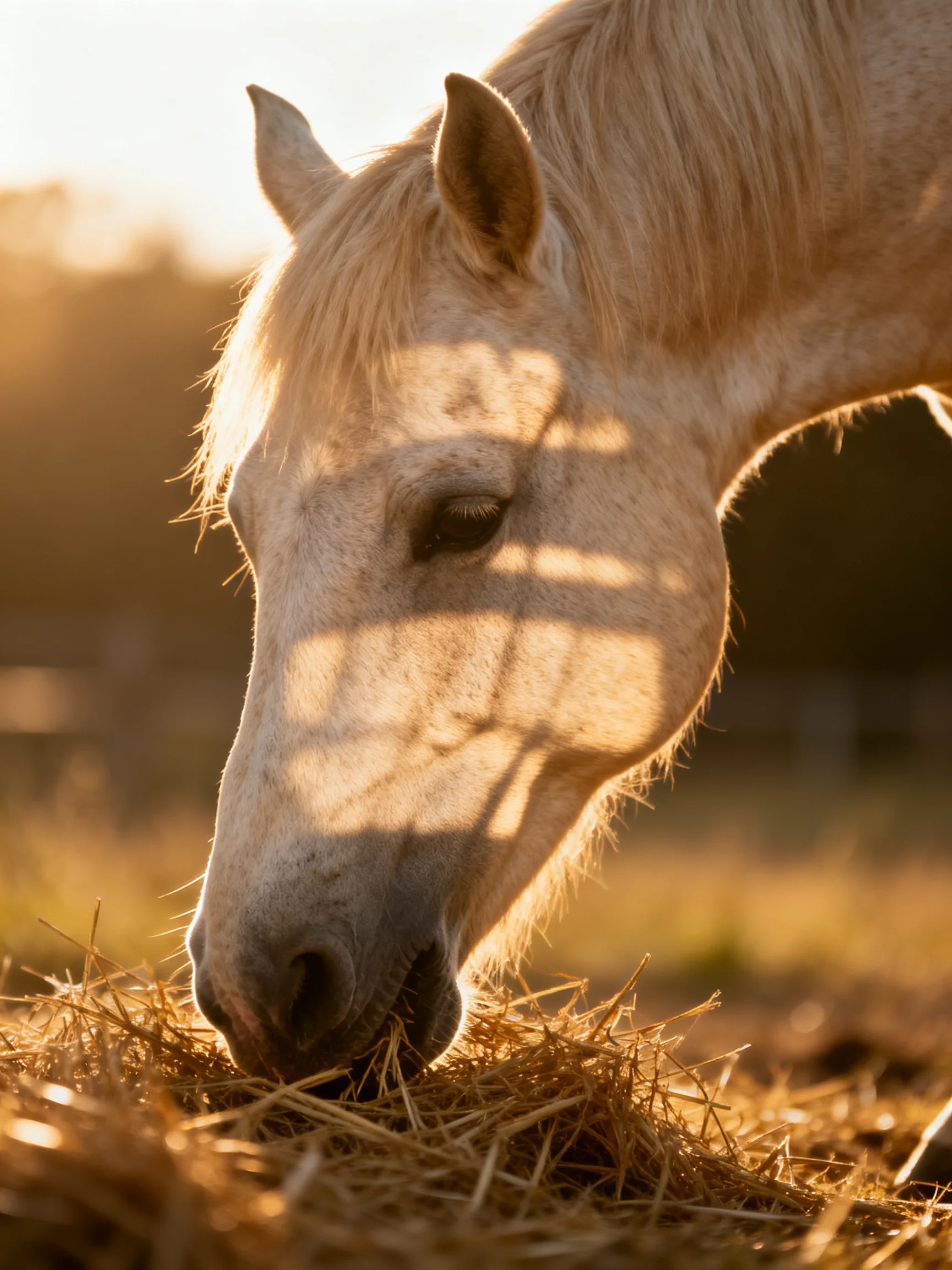 A light - hued horse eating golden hay under warm sunlight