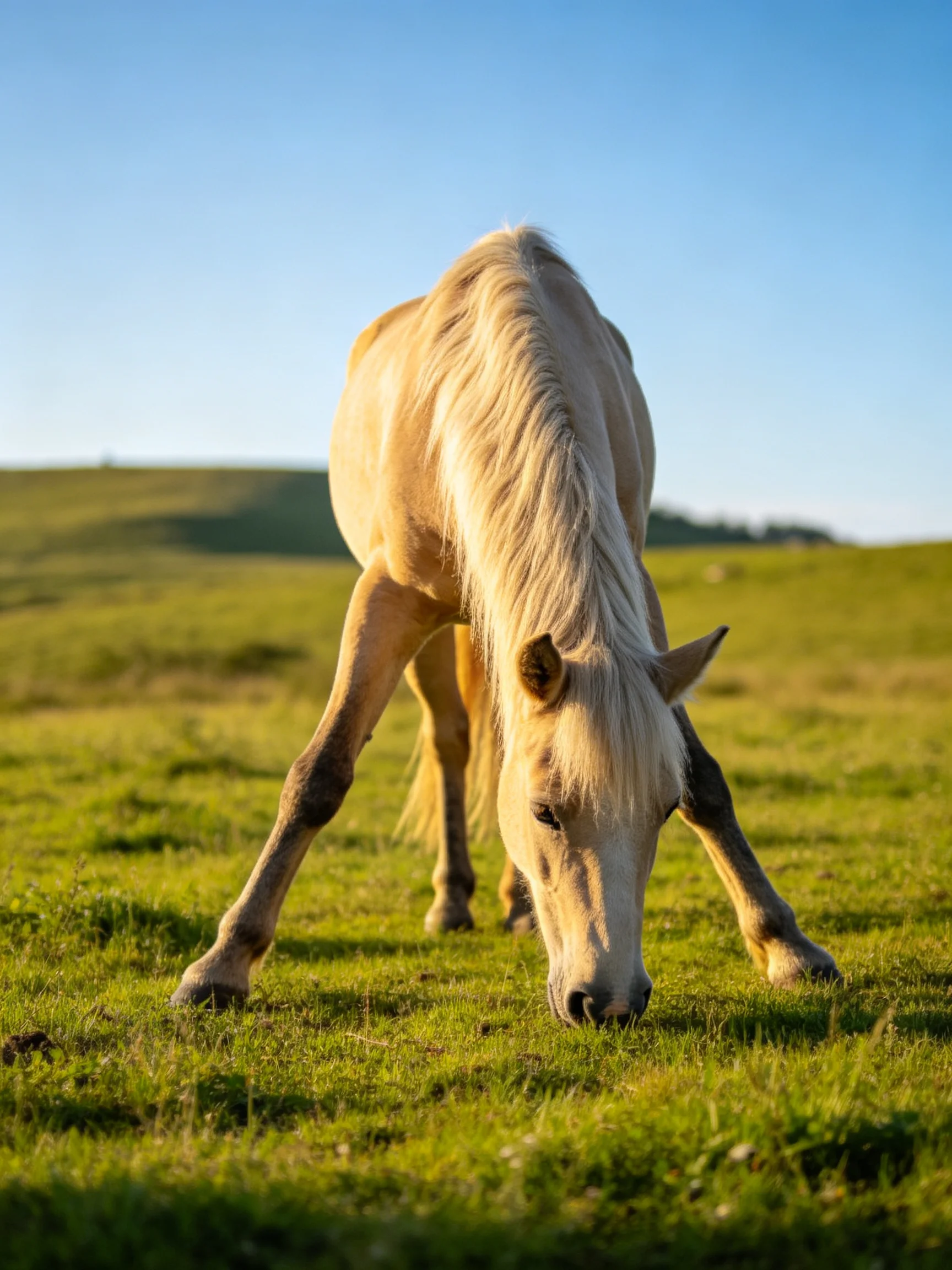 A light beige horse grazes in a sunlit green meadow with rolling hills