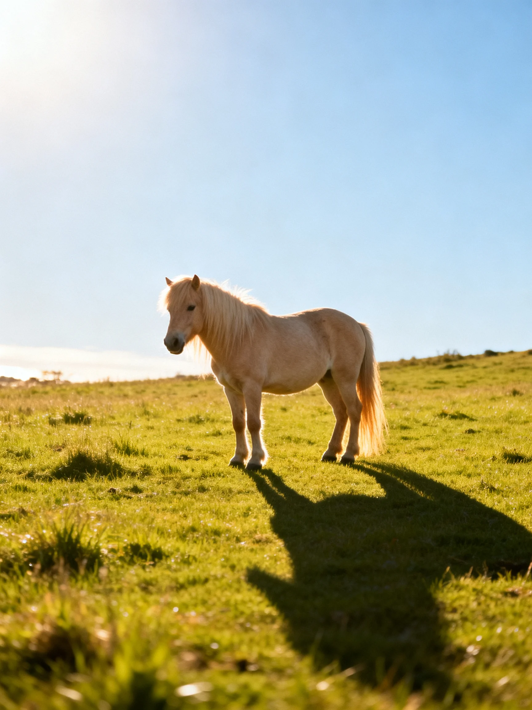 A light beige pony stands in a sunlit green meadow
