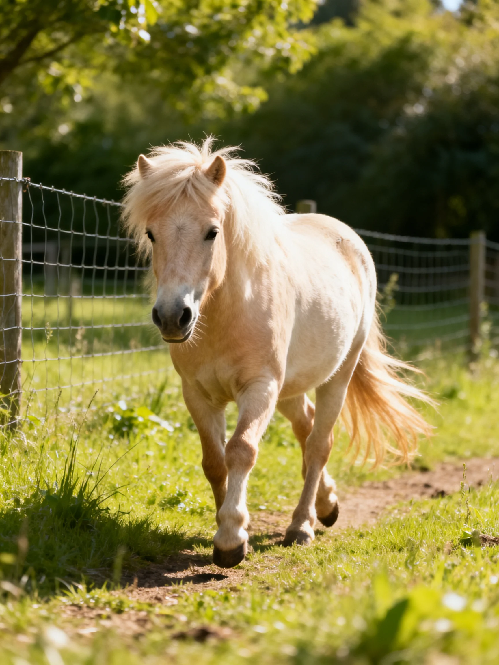 A light beige pony trotting near a wire fence in a sunlit meadow