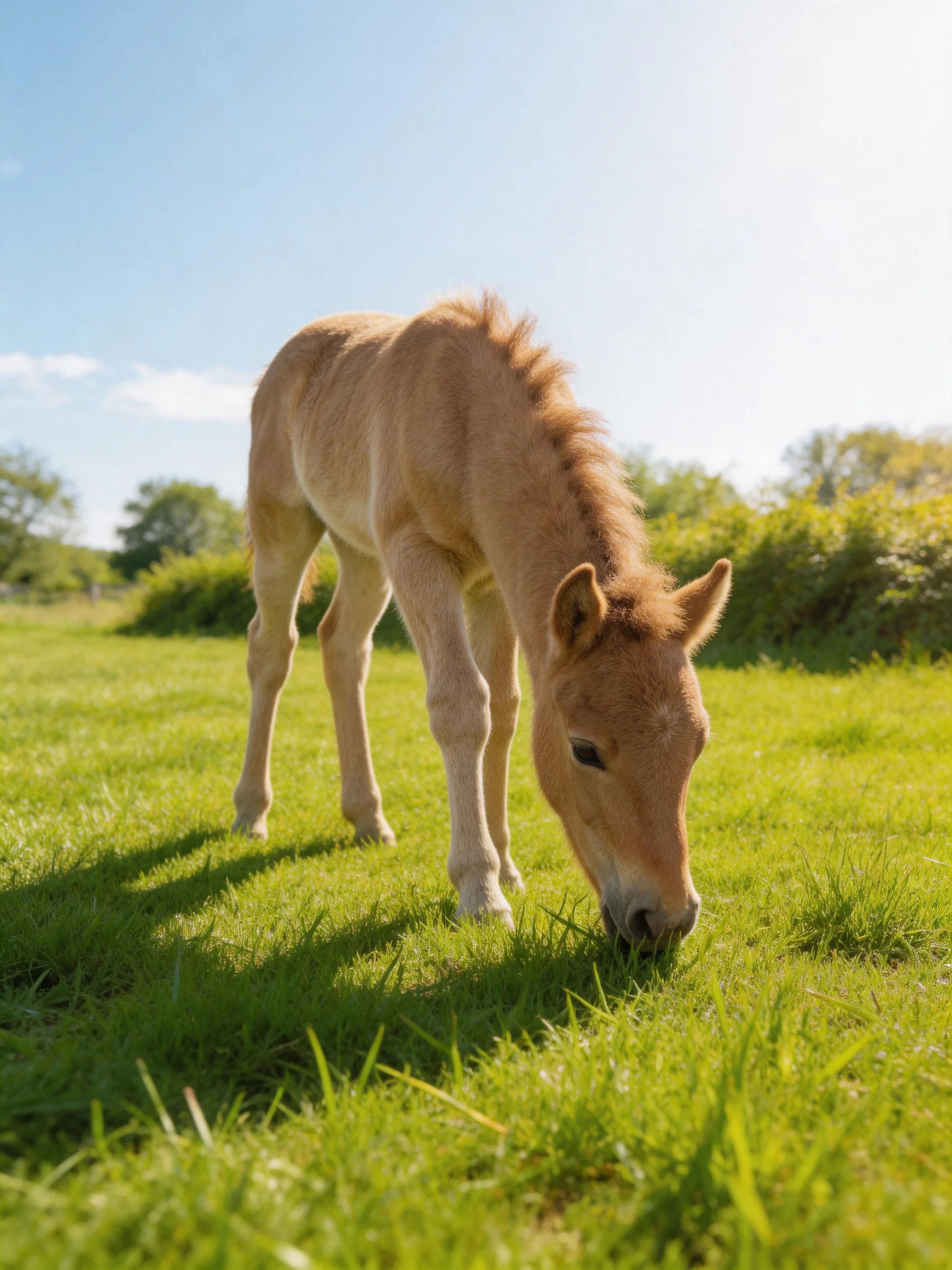A light brown foal grazing in a sunlit green pasture