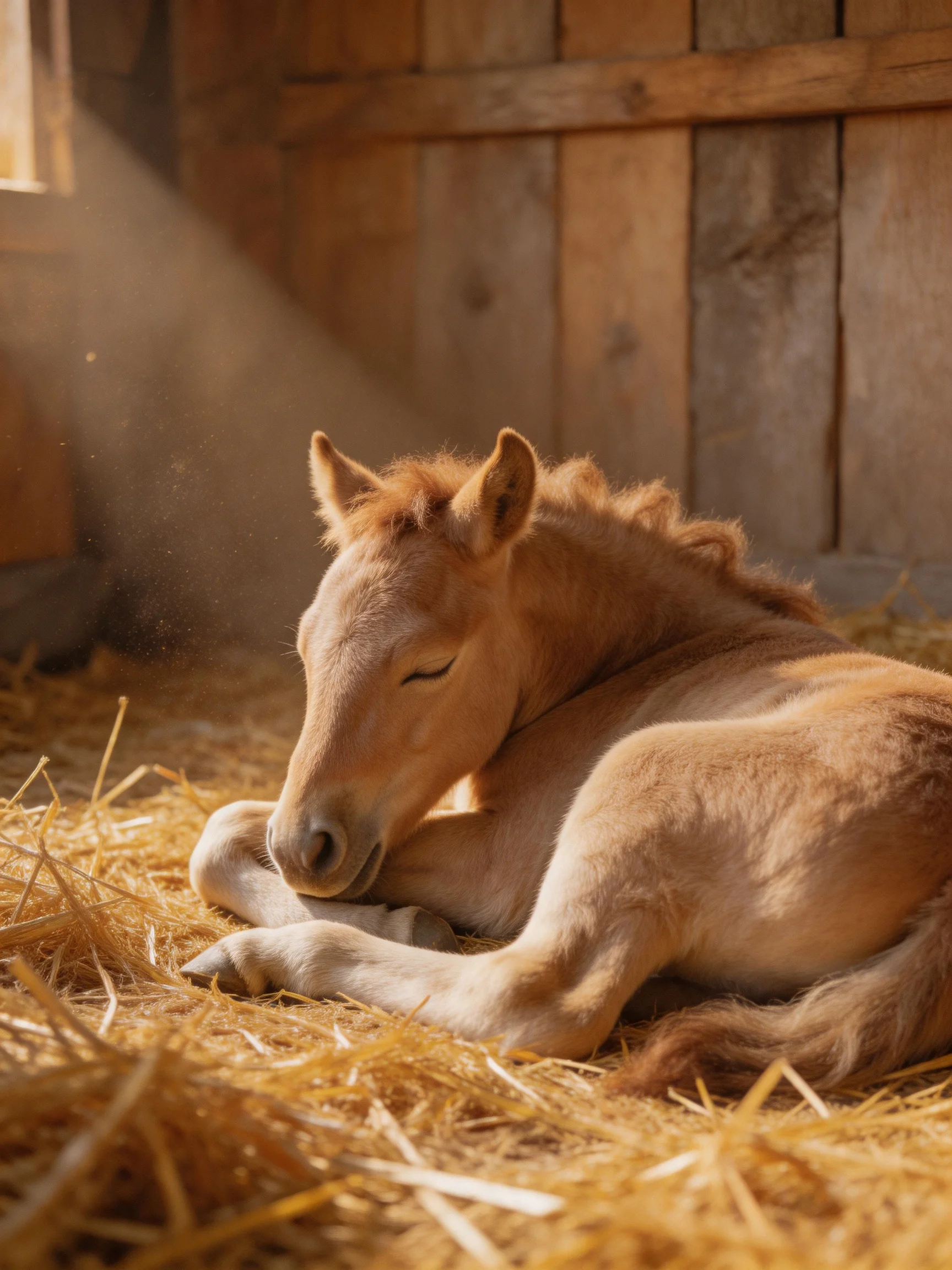 A light brown foal resting on golden straw in a rustic barn