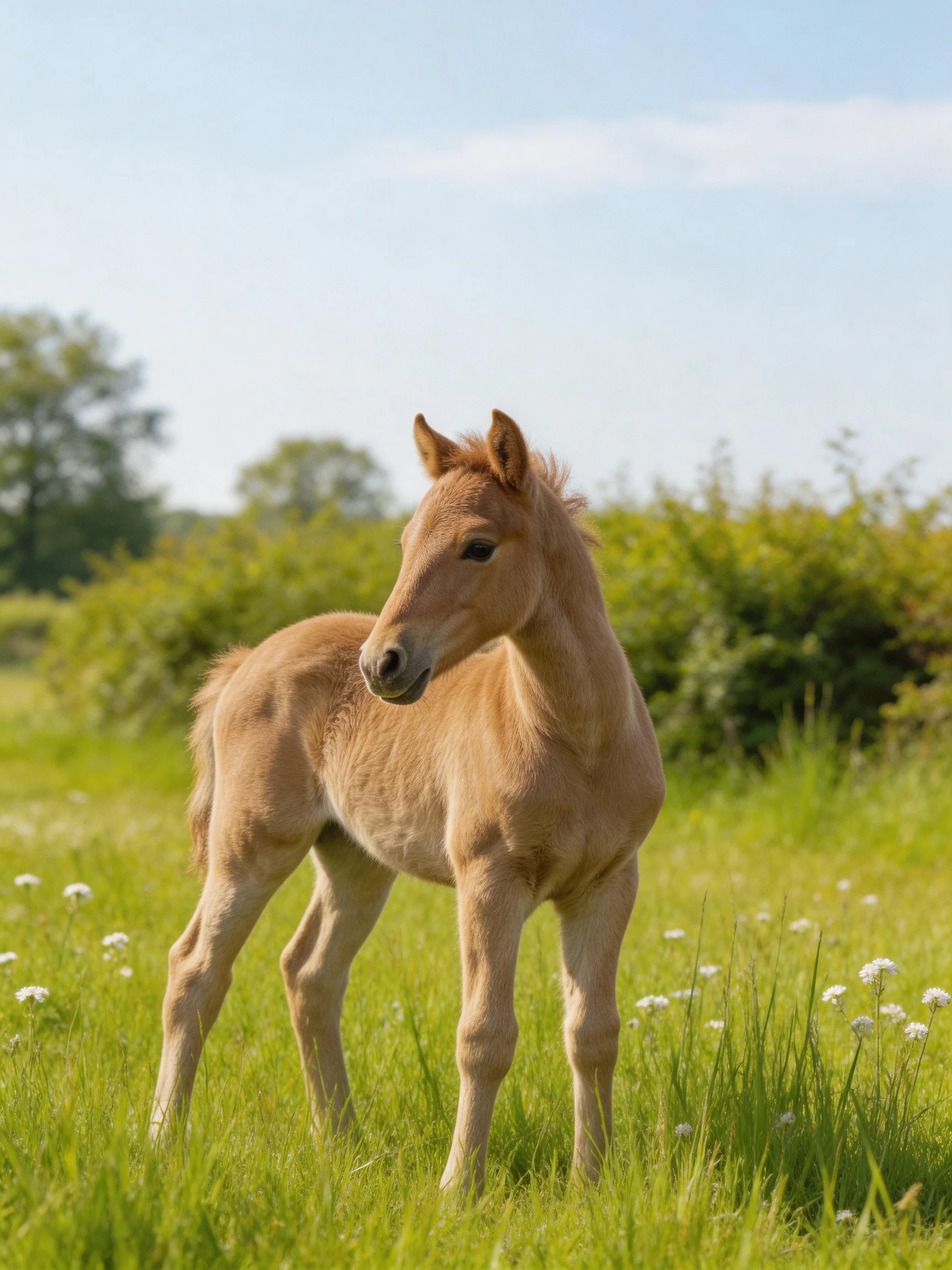 A young light brown foal stands in a sunlit green meadow.
