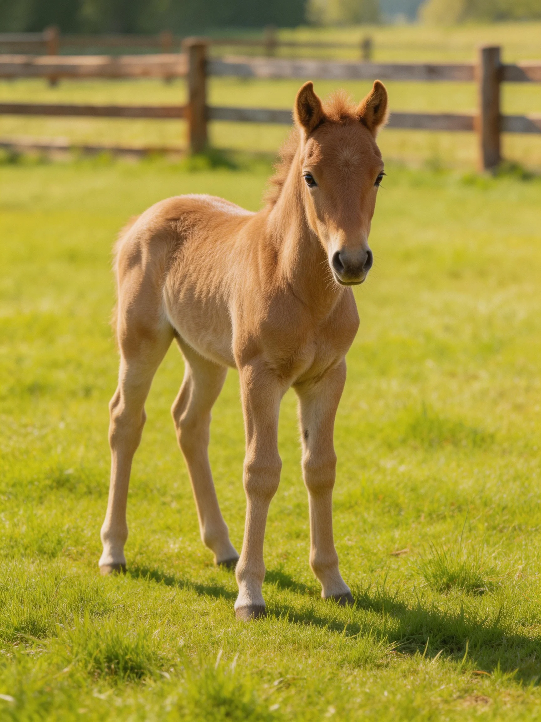 A light brown foal stands in a lush green pasture near wooden fences