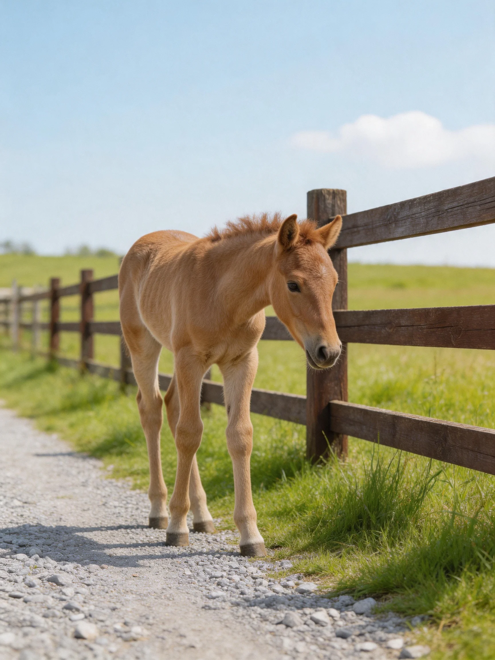 A light brown foal walks beside a wooden fence on a gravel path