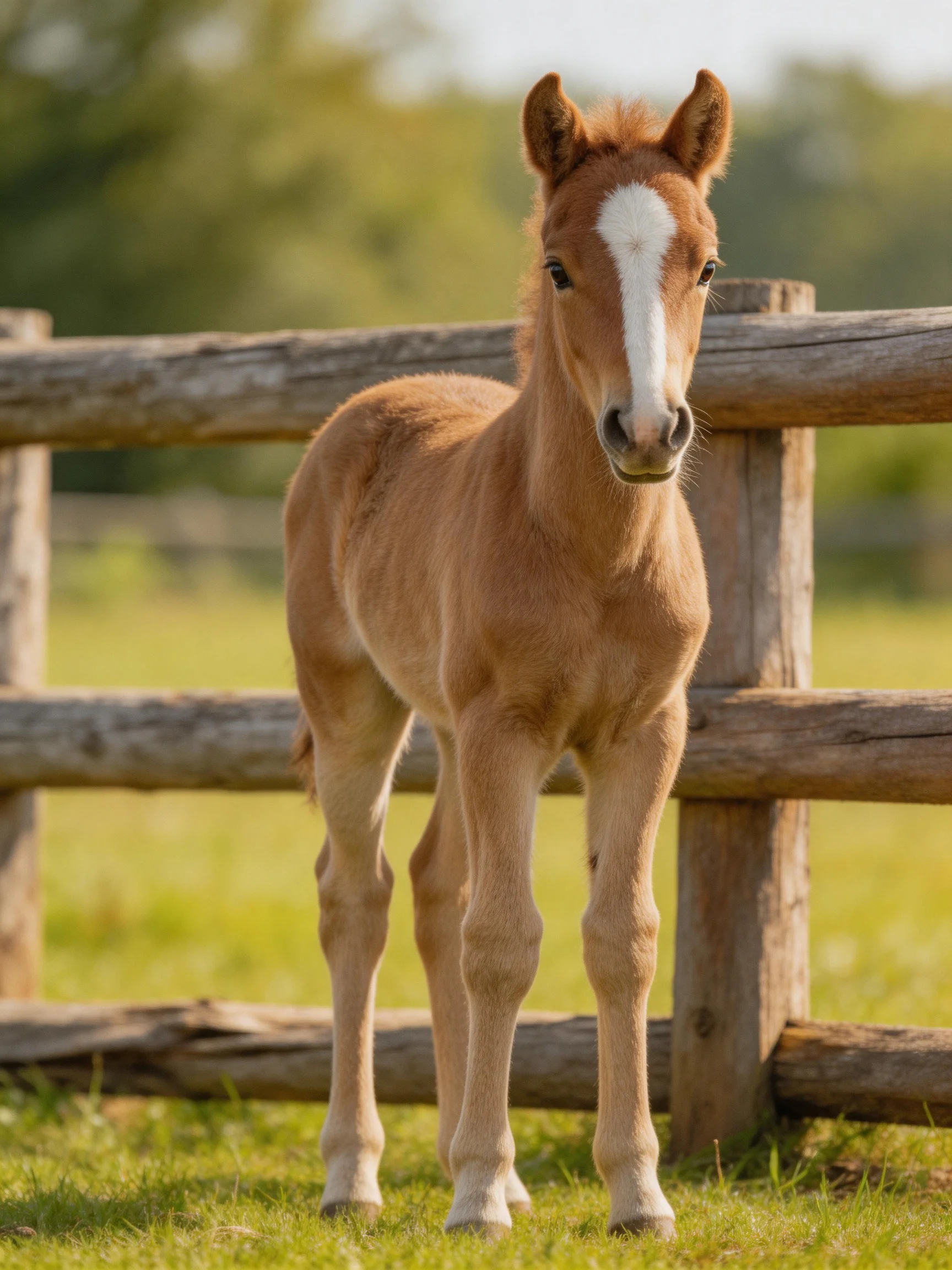 A light brown foal with a white blaze near a wooden fence