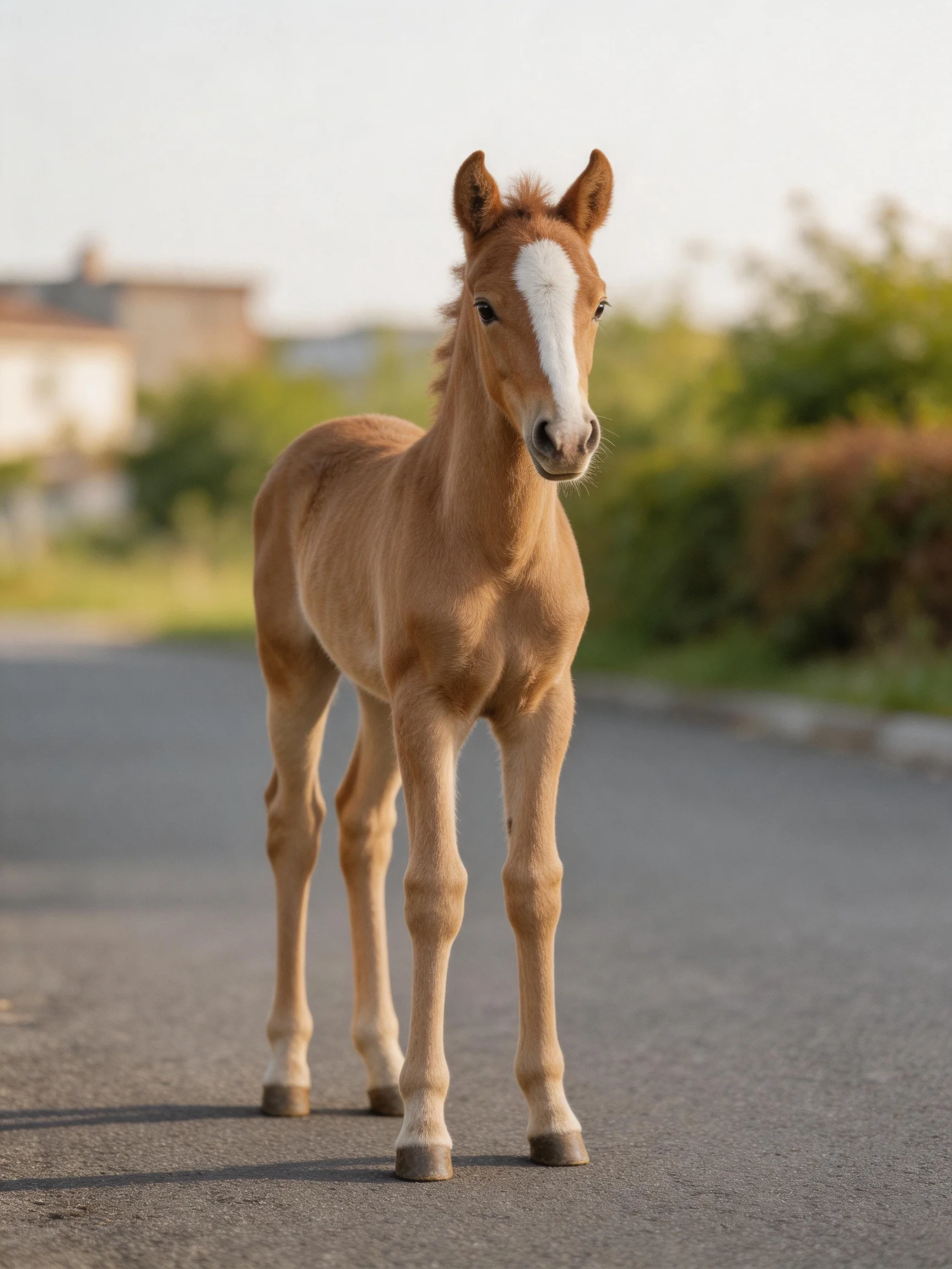 A light brown foal with a white blaze stands on an asphalt road