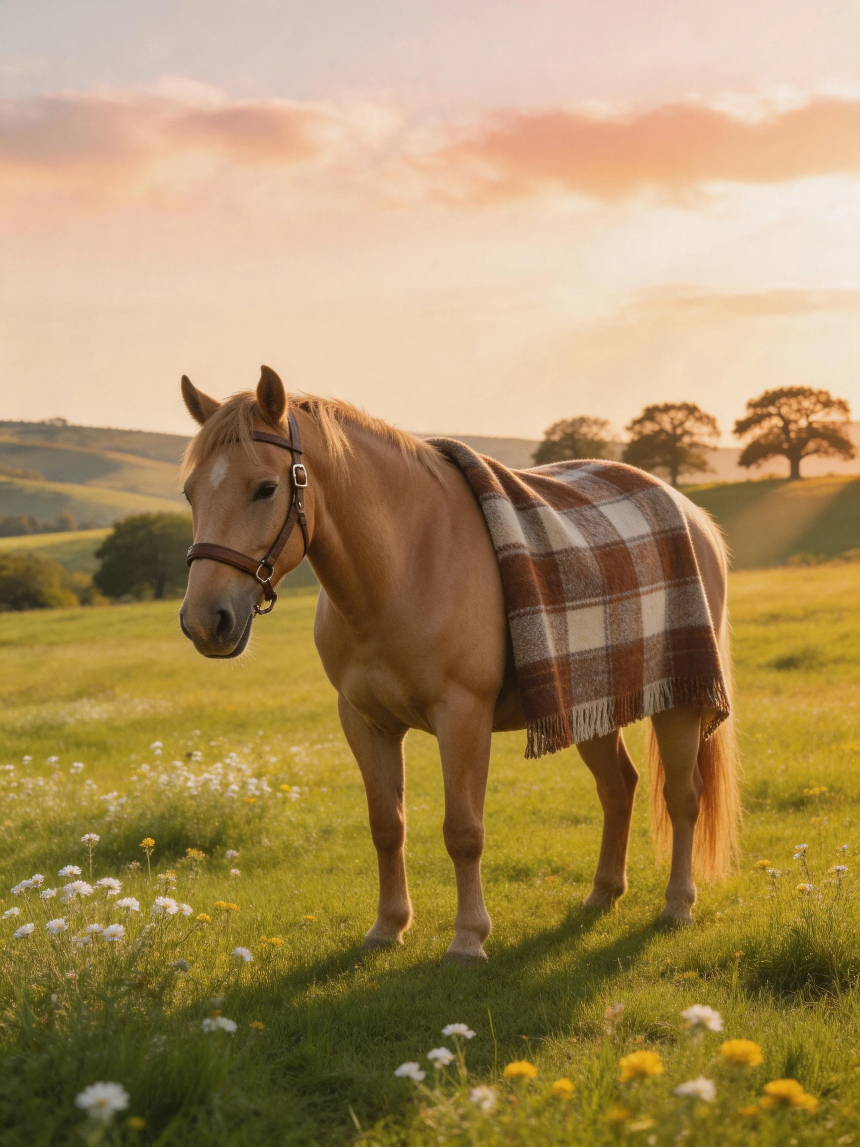 A light brown horse draped in a checkered blanket in a sunlit meadow