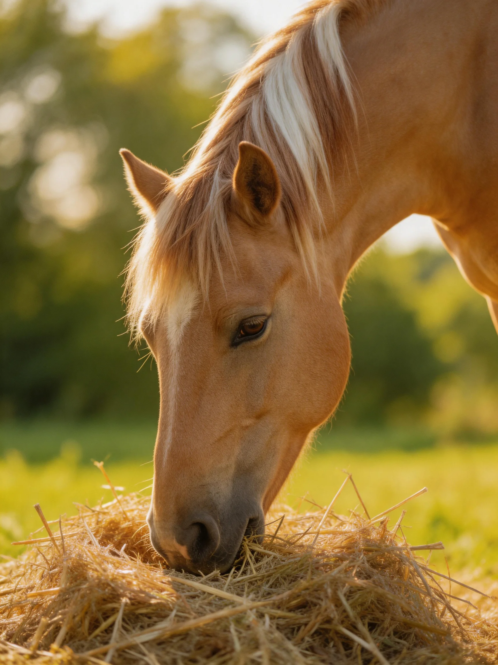 A light brown horse feeds on hay from a large mound in a sunlit field