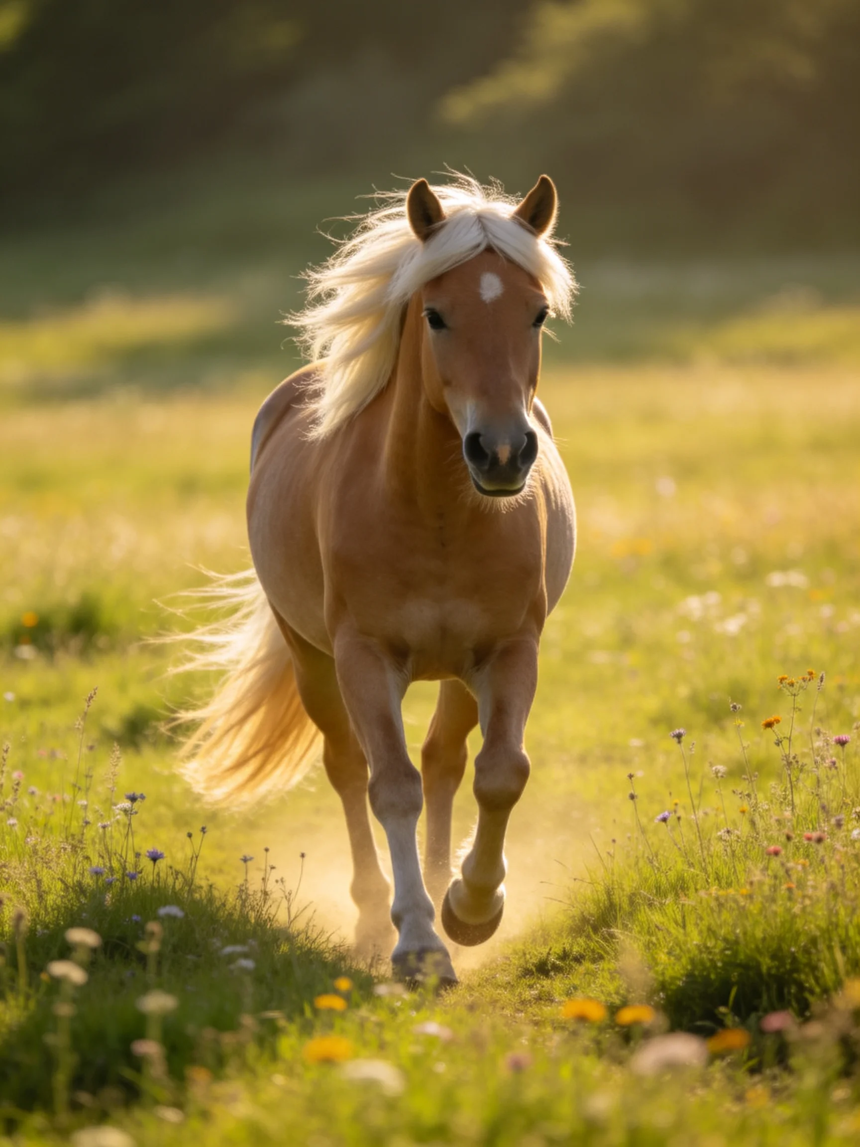 A light brown horse galloping through a sunlit flower meadow