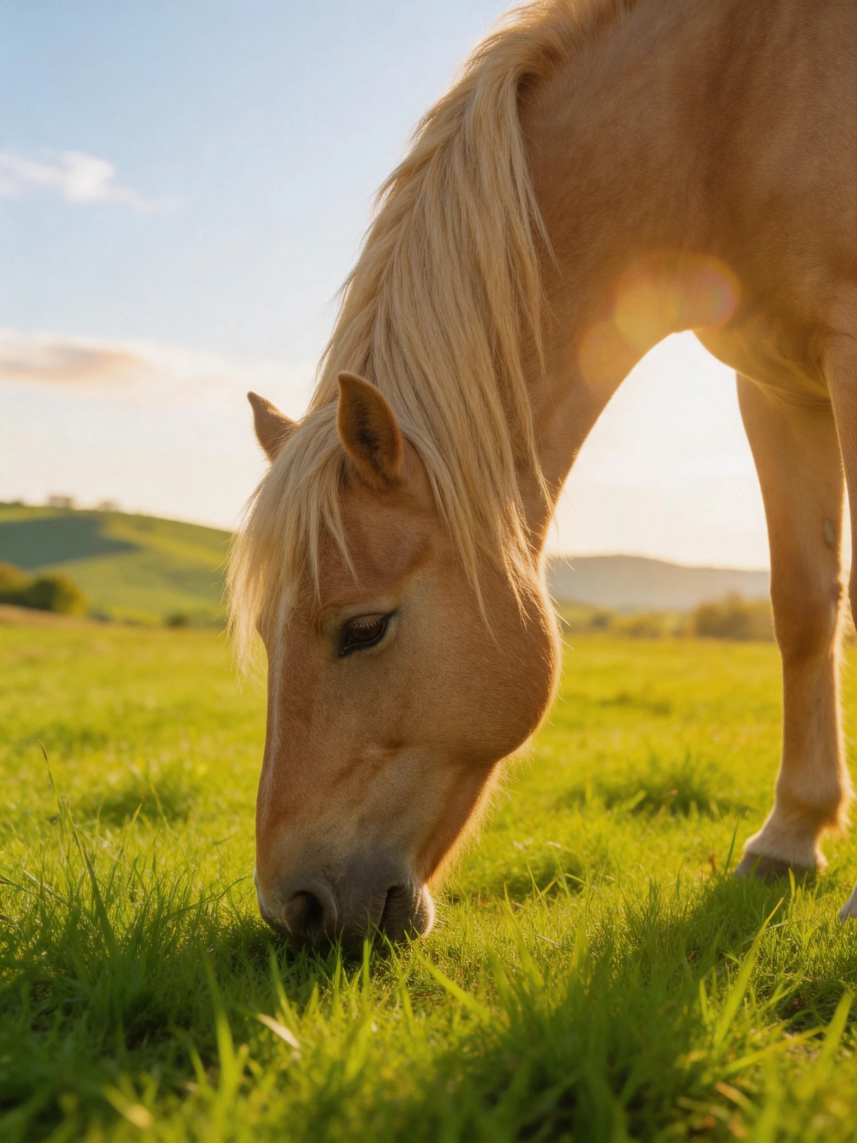 A light brown horse grazing in a sunlit green meadow