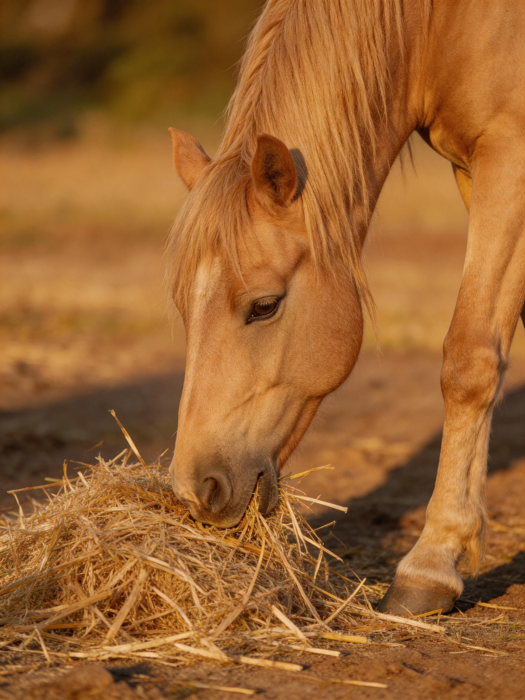 A light brown horse grazing on a mound of straw under warm sunlight