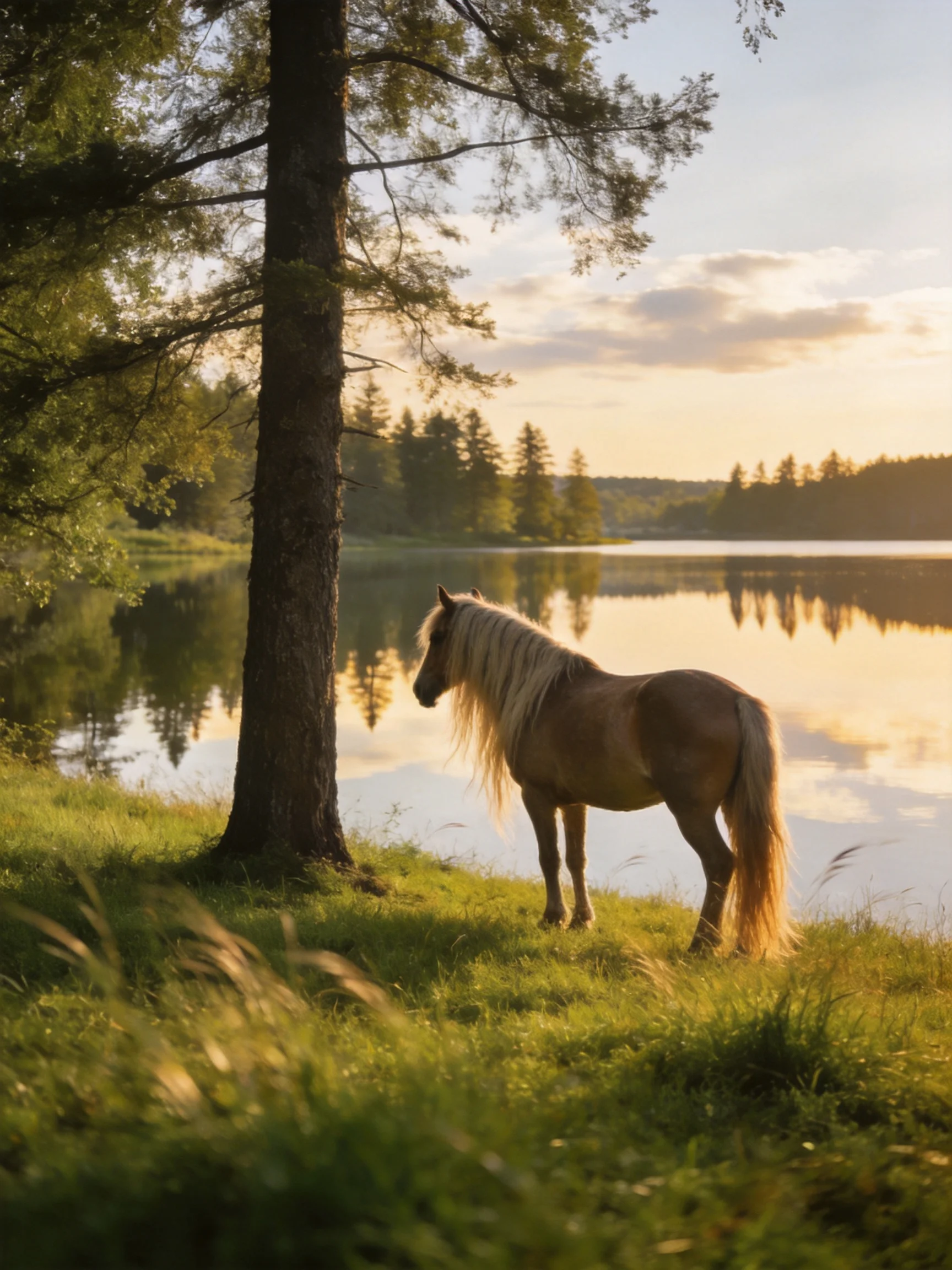 A light brown horse stands by a serene lake beside a tall tree at sunset