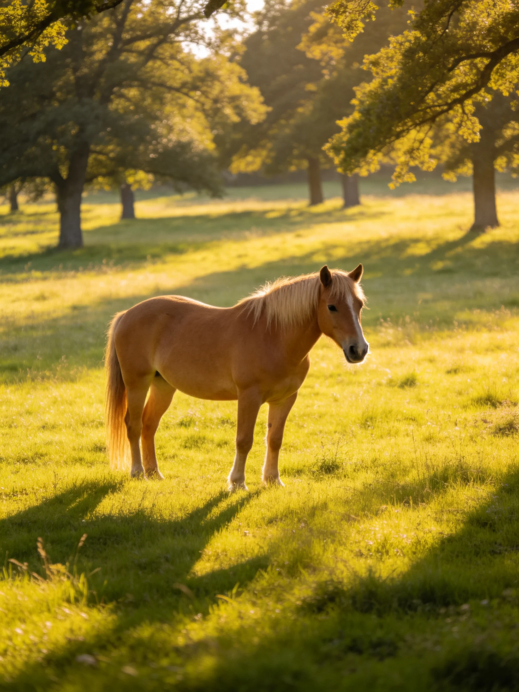 A light brown horse stands in a sunlit green meadow among tall trees