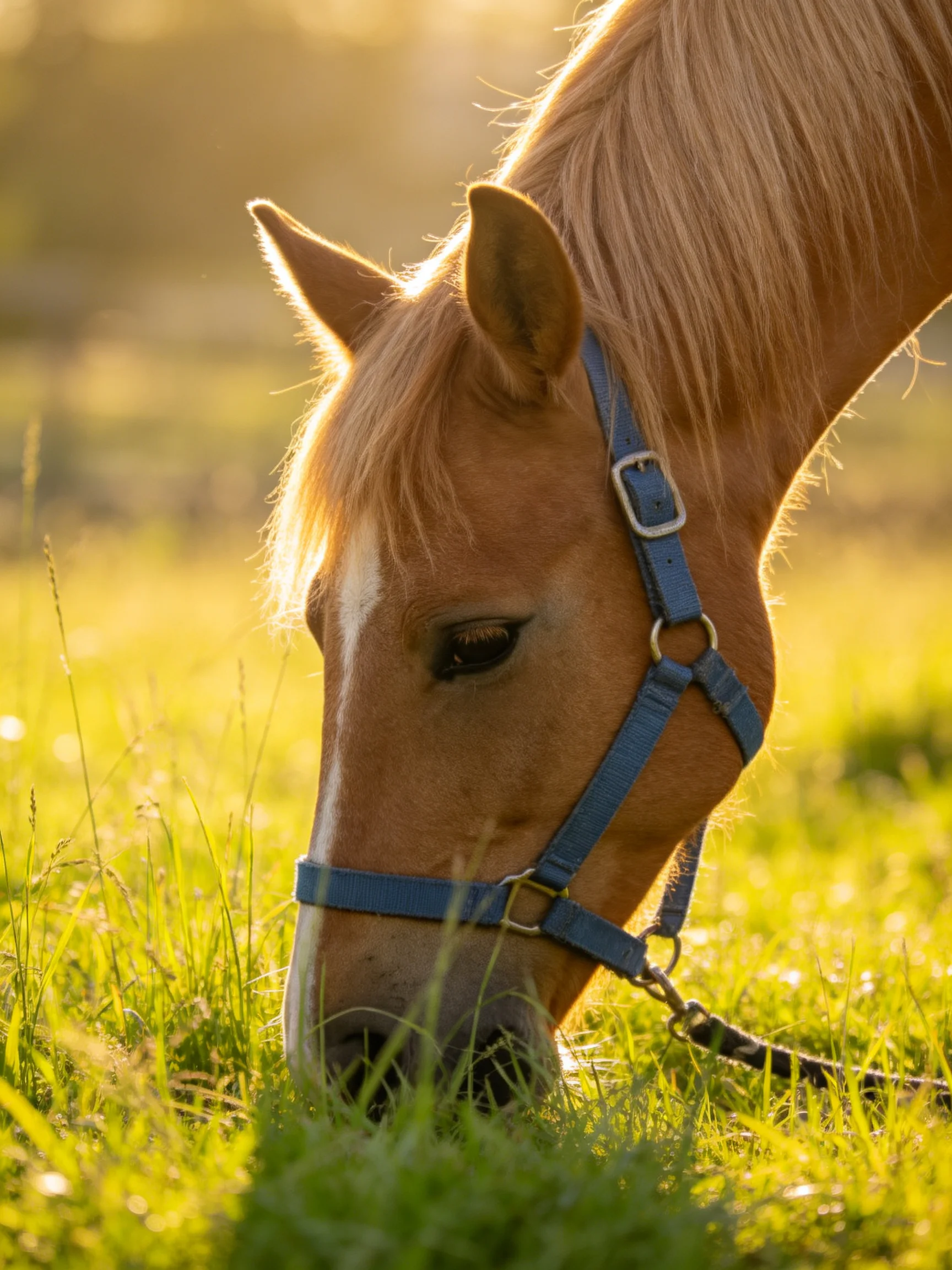 A light brown horse with a blue halter grazes in golden sunlight