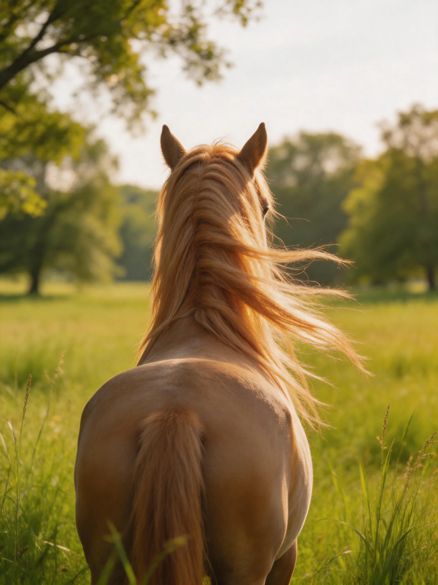 A light brown horse with a flowing blonde mane stands in a sunlit green meadow near trees
