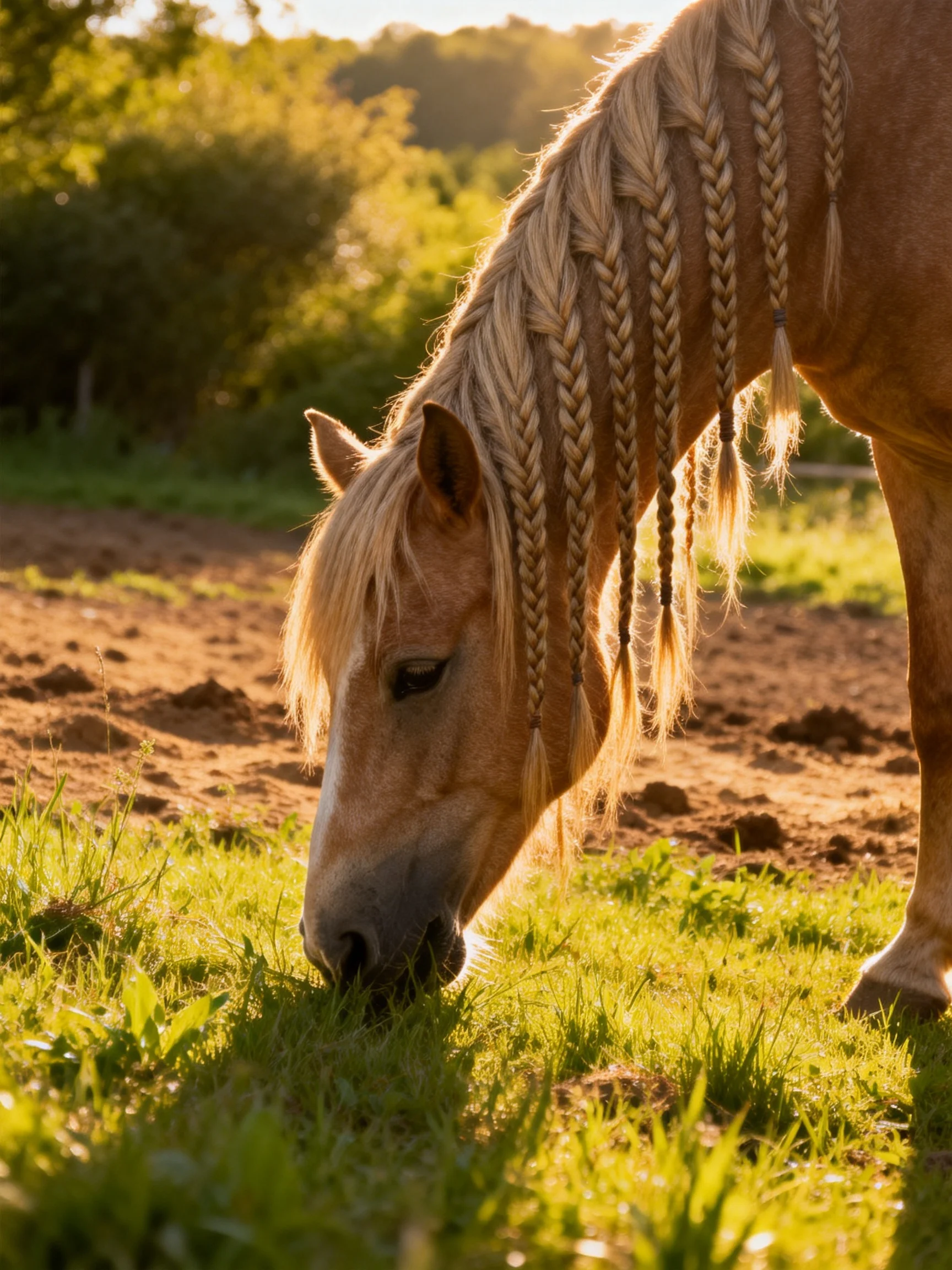 A light brown horse with braided mane grazing in a sunlit field