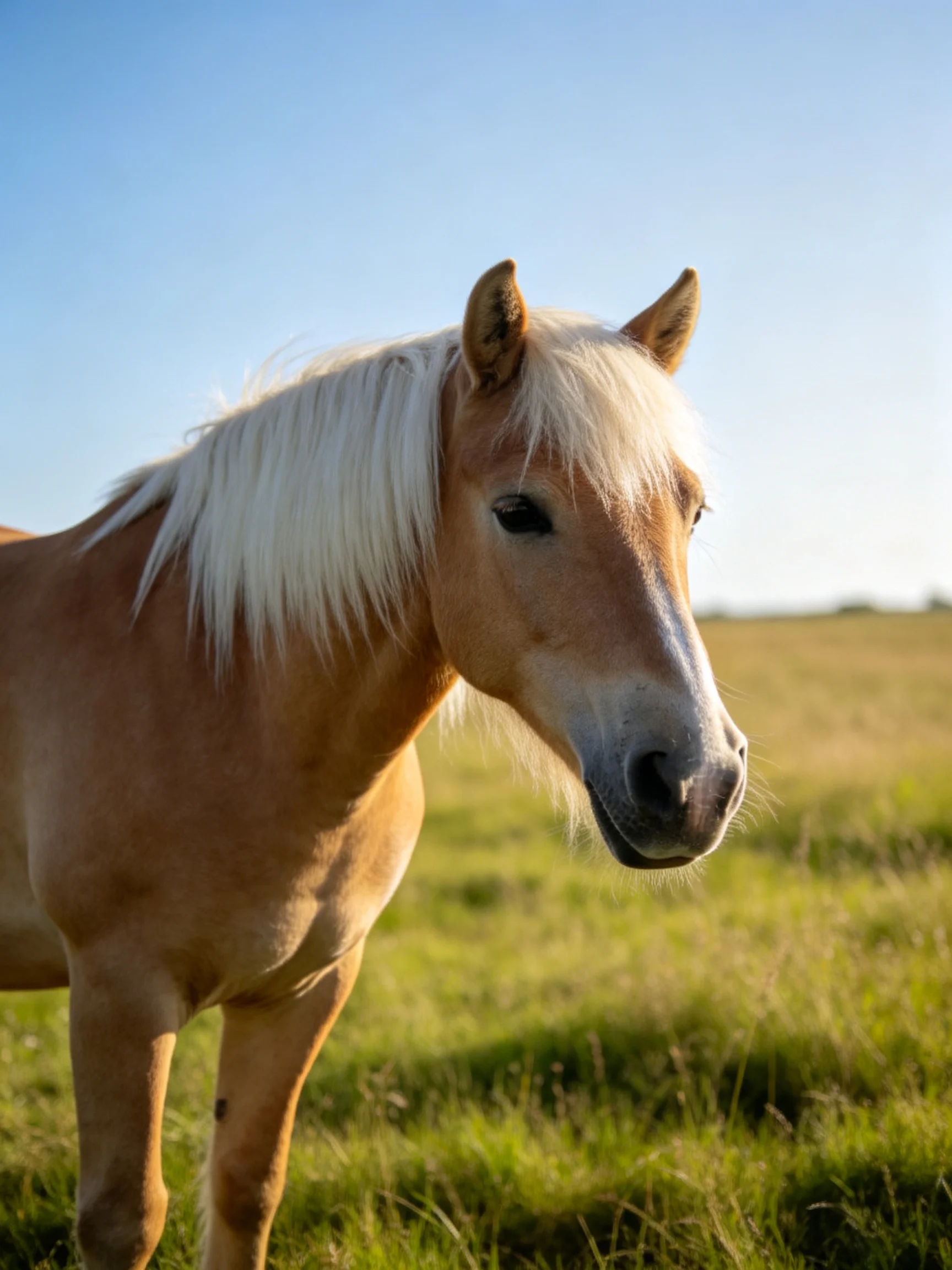 A light brown horse with long white mane stands in a sunny green meadow