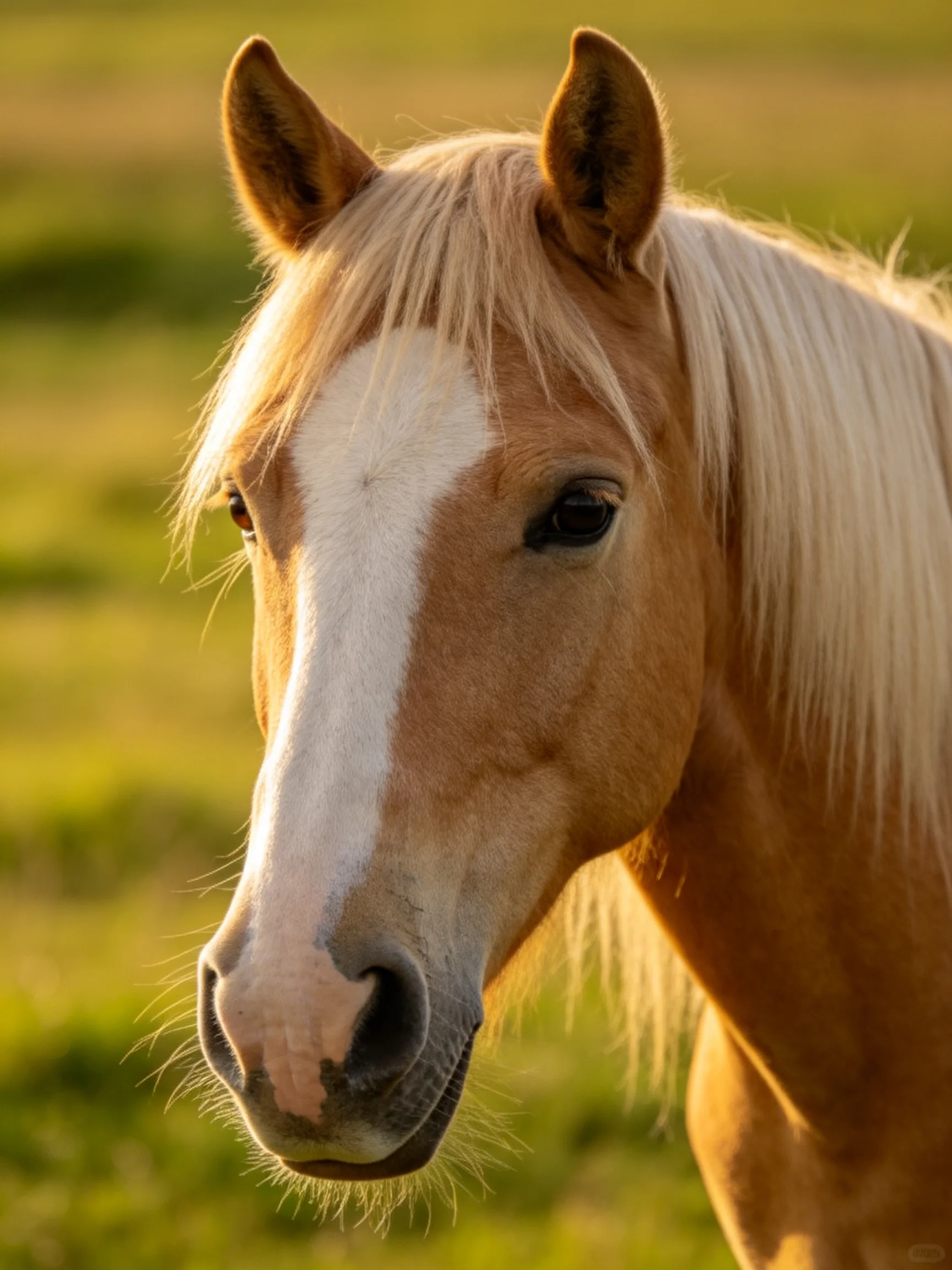 A light brown horse with white facial markings and blonde mane in a sunlit meadow