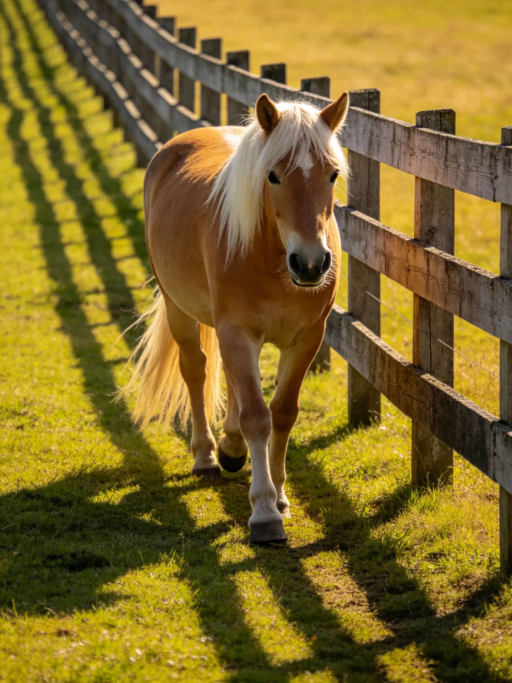 A light brown palomino horse walks beside an aged wooden fence in a golden meadow