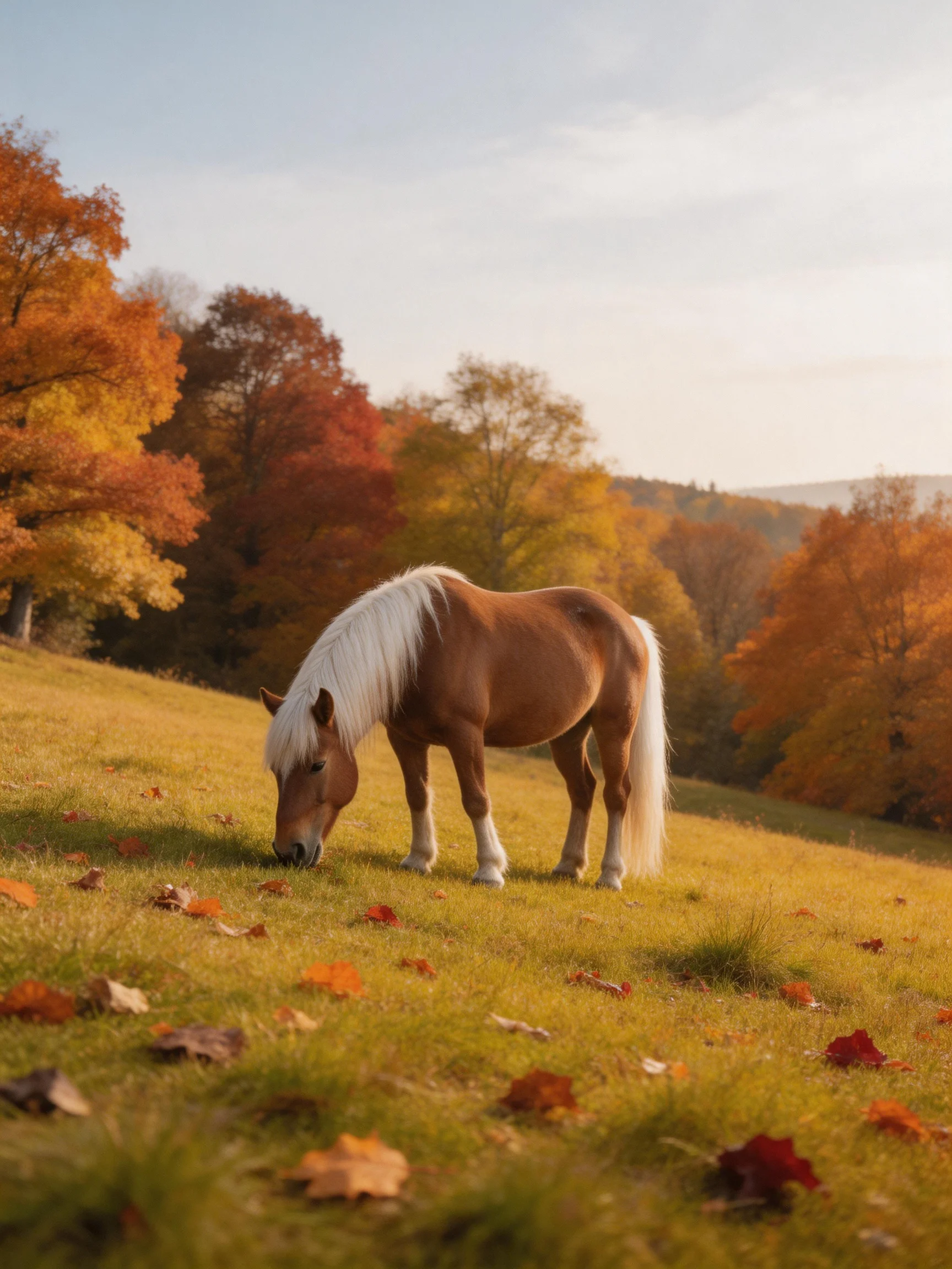 A light brown pony grazes near autumn-colored trees on a grassy slope