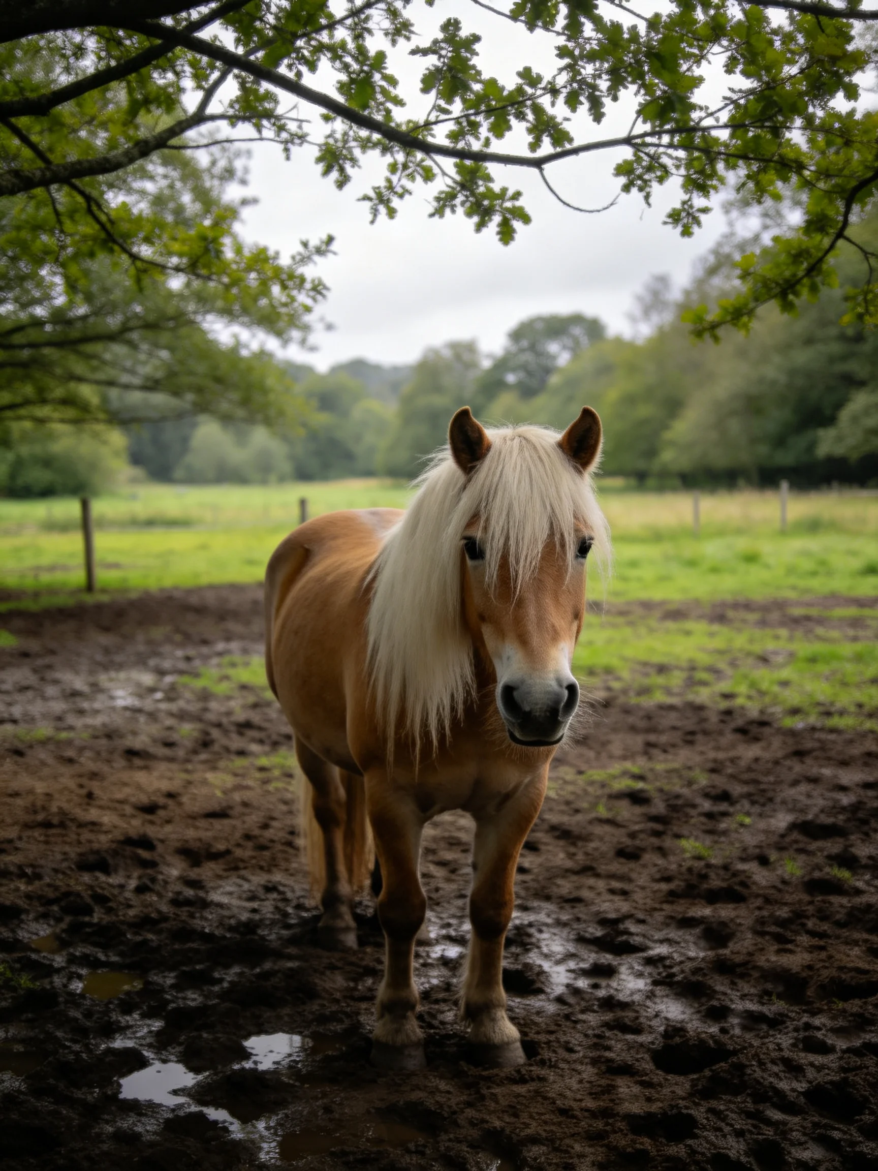 A light brown pony stands in a muddy pasture with lush green trees