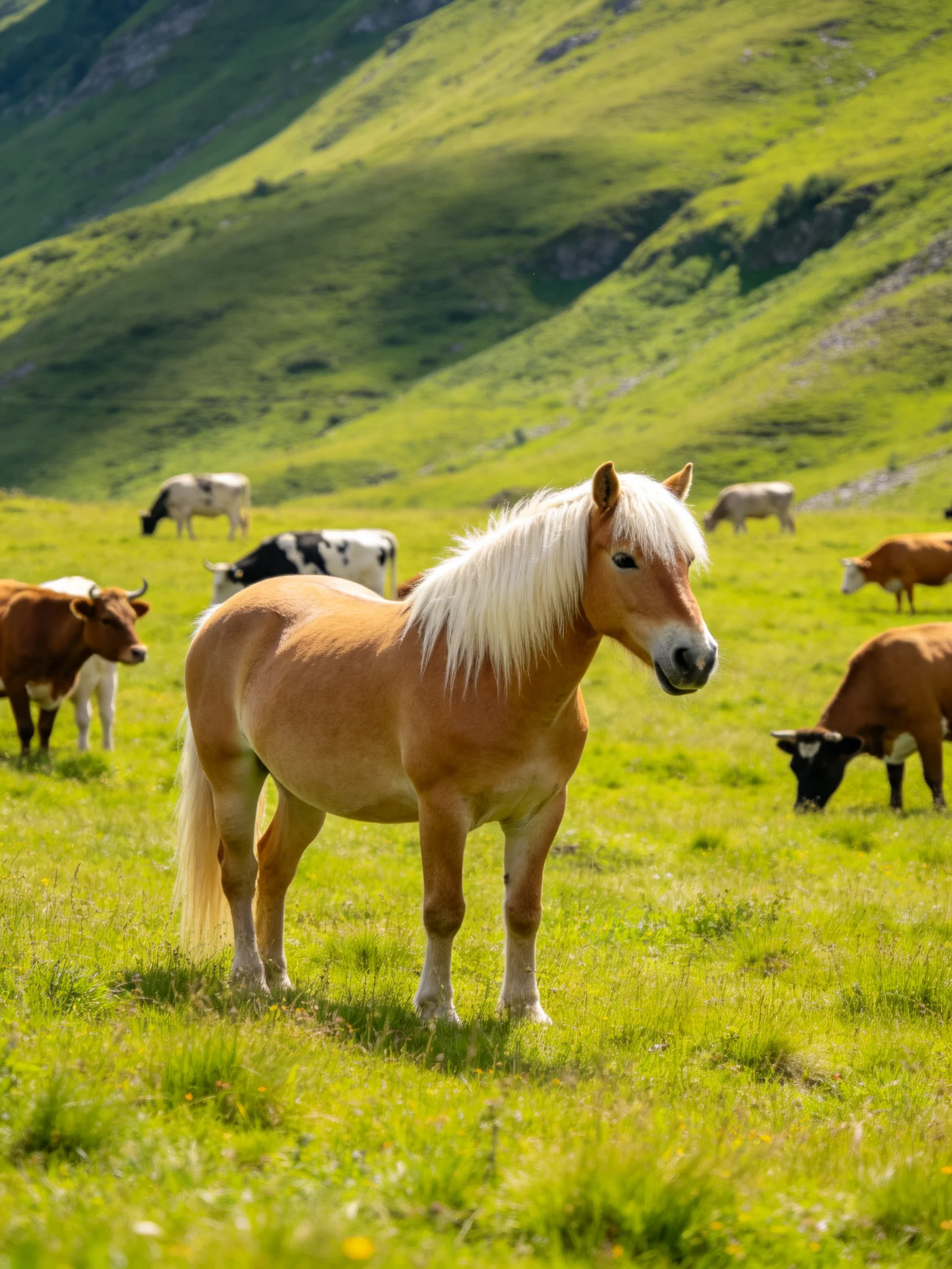 A light brown pony with a white mane among colorful cattle on green hills