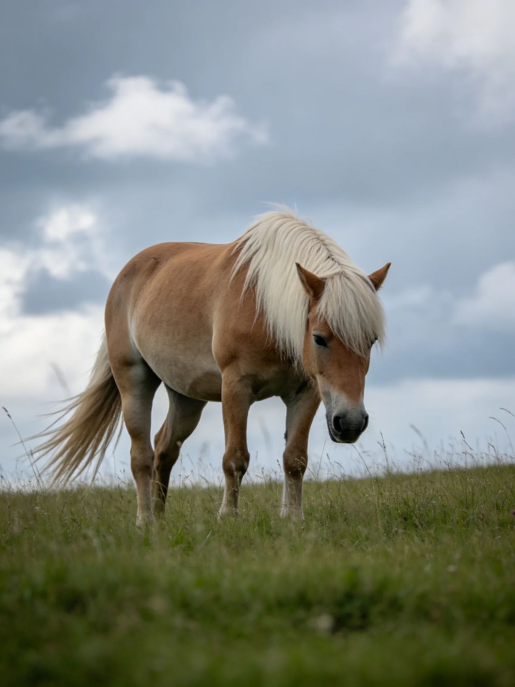 A light brown pony with a white mane grazes in a verdant meadow under cloudy skies