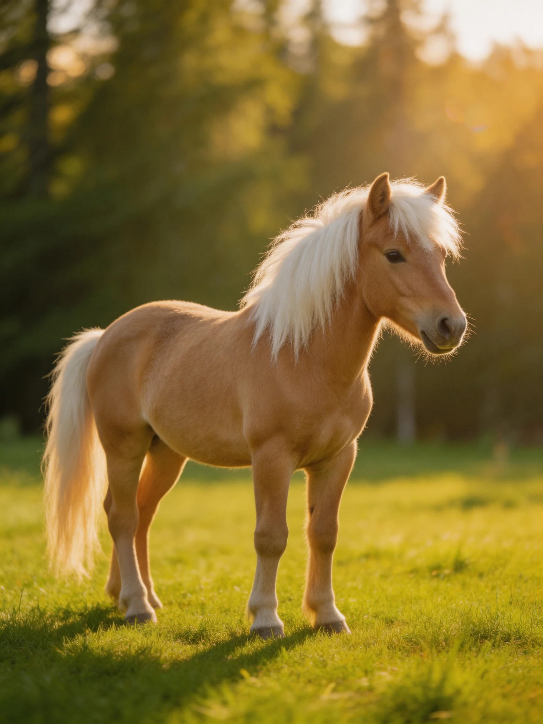 A light brown pony with flowing white mane stands on sunlit green grass