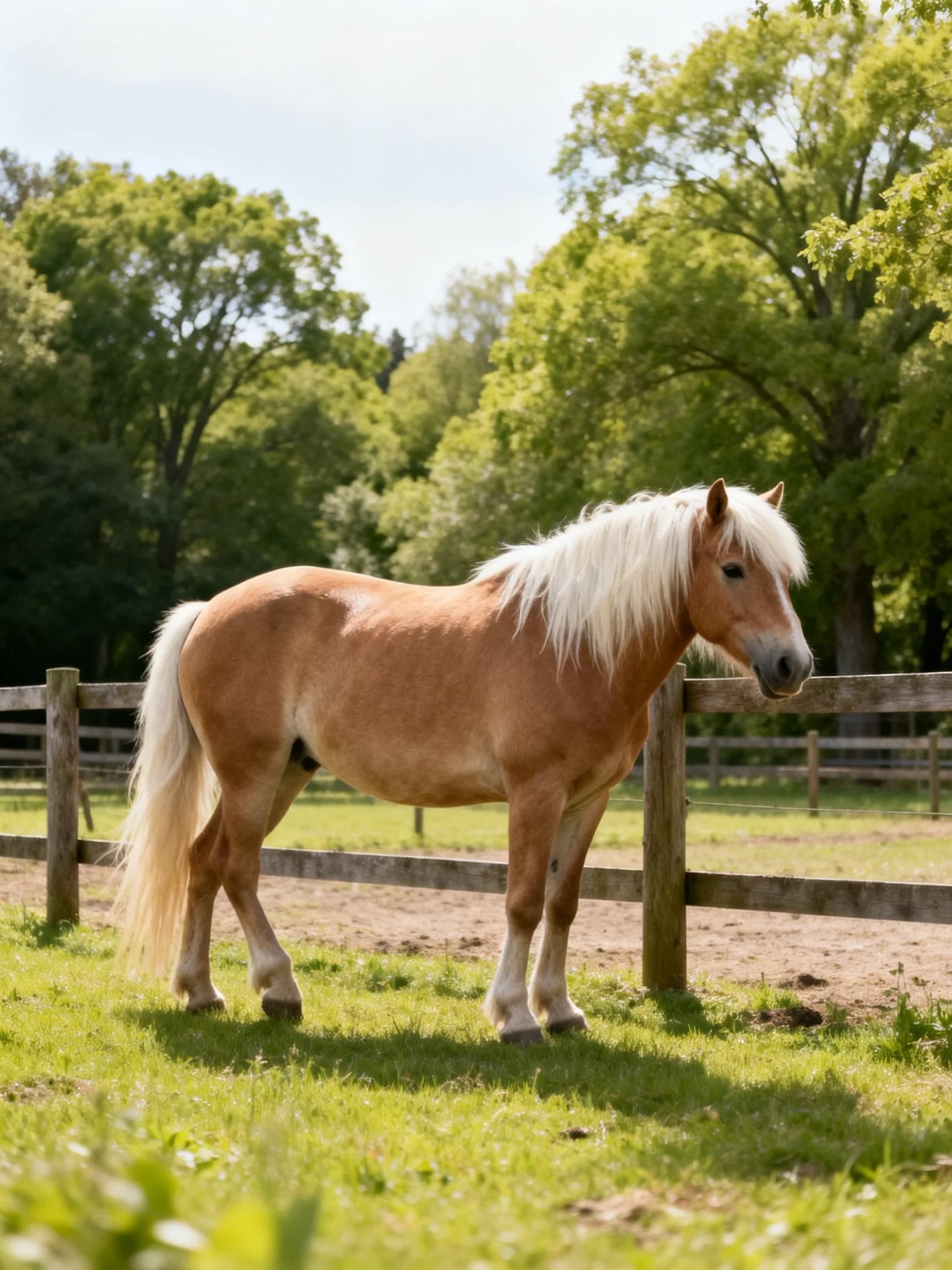 A light brown pony with long blonde mane near a wooden fence
