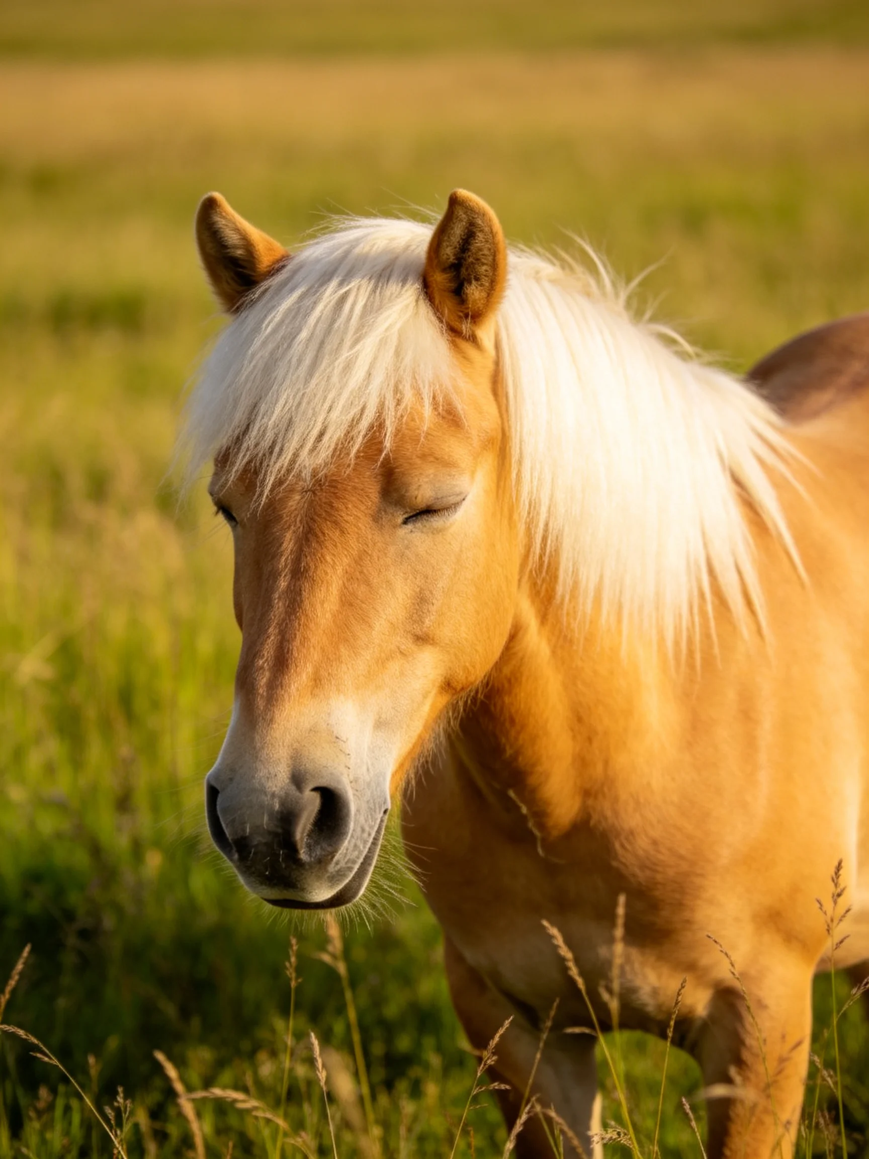 A light brown pony with long white mane in a sun-drenched meadow