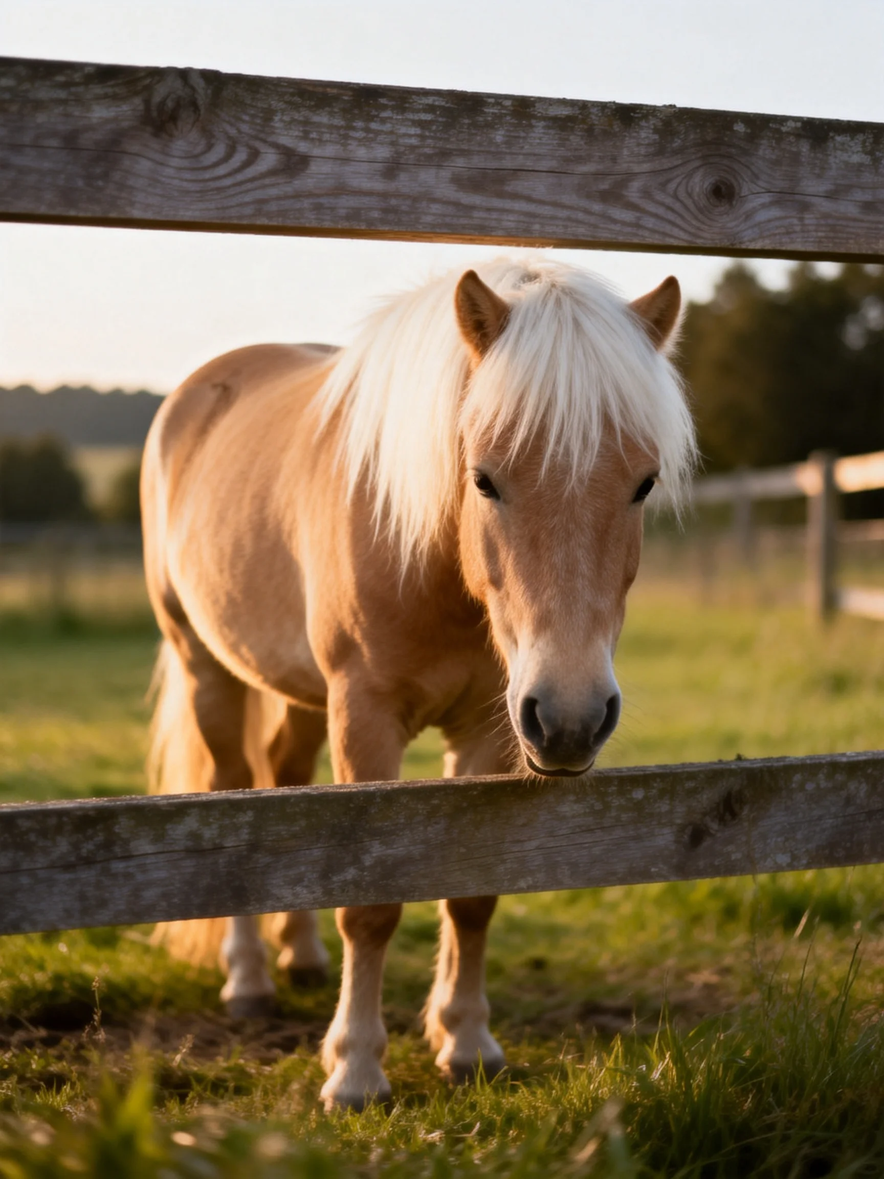A light brown pony with long white mane near aged wooden fence