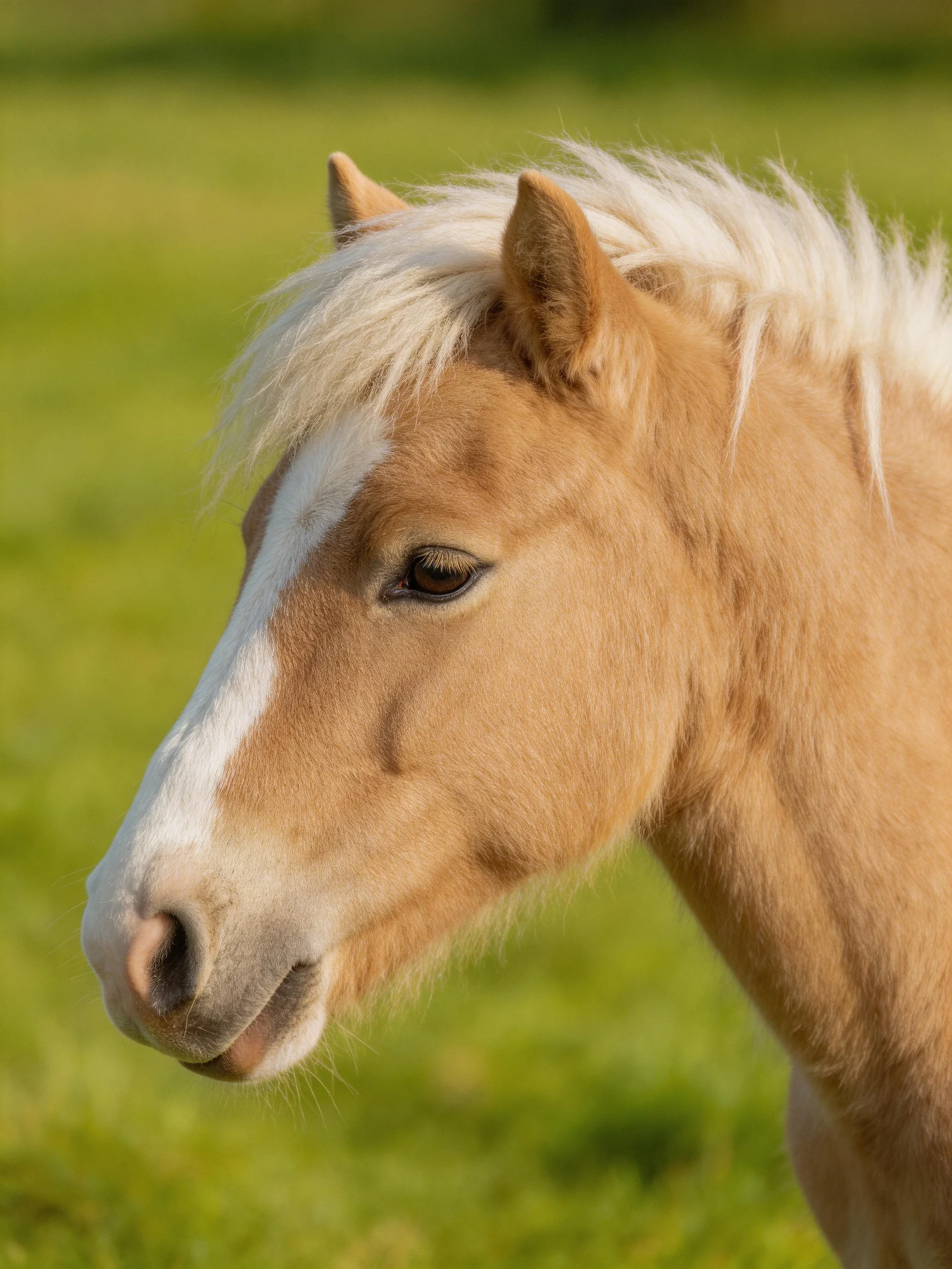A light brown pony with white mane and blaze in a green meadow