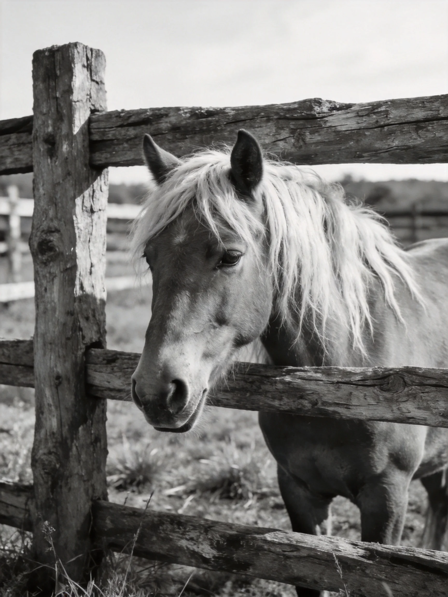 A light-coated horse near weathered wooden fencing in black and white