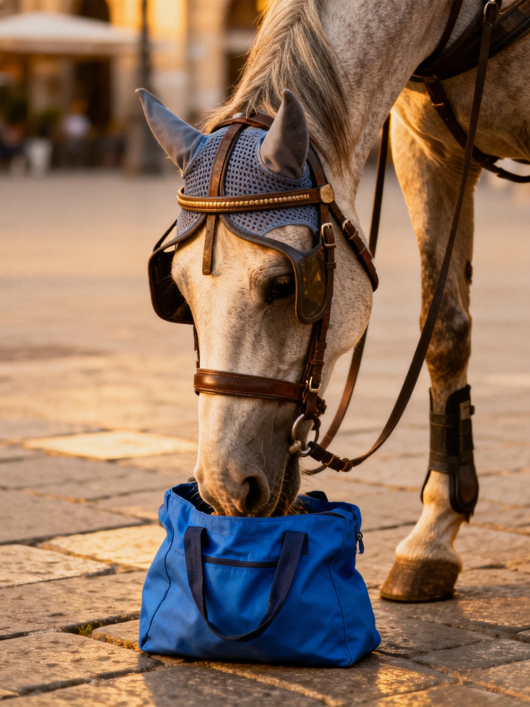 A light gray horse with brown tack eats from a bright blue bag