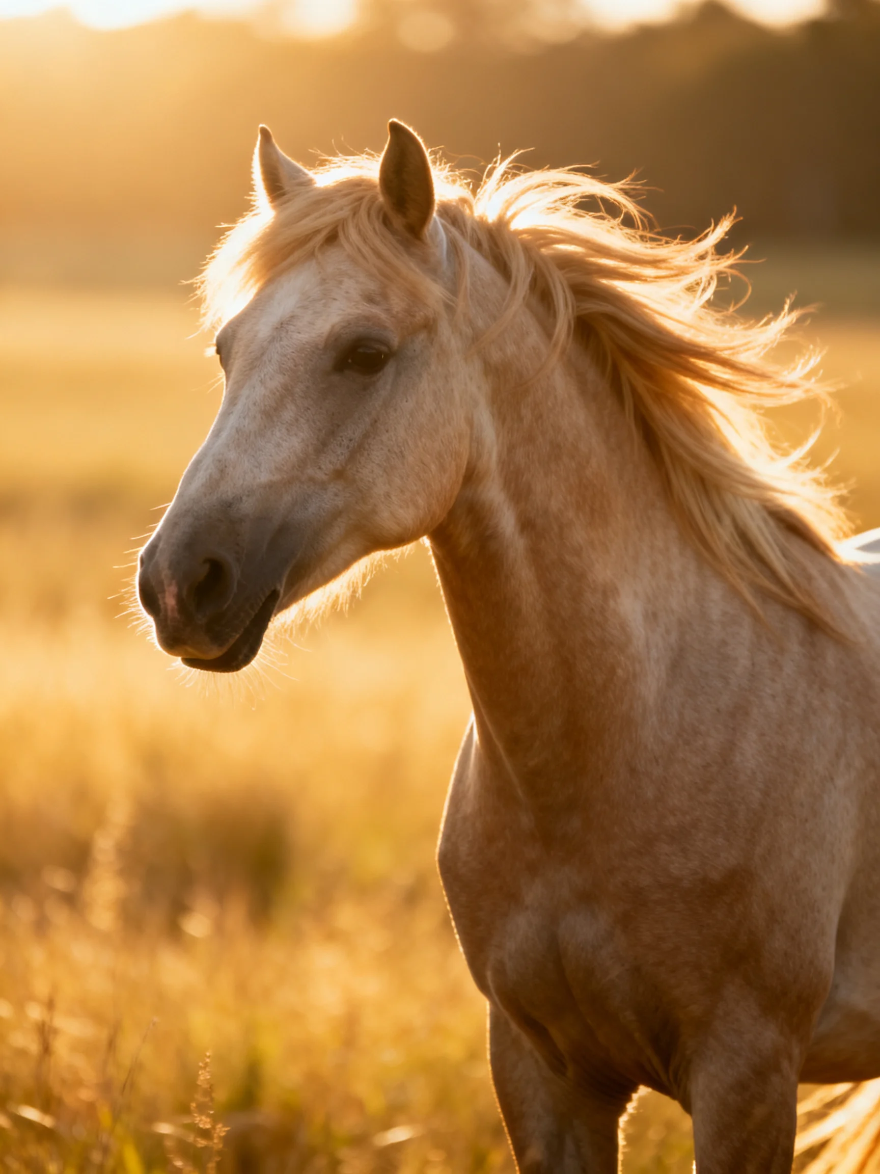 A light gray horse with flowing blonde mane in a golden meadow