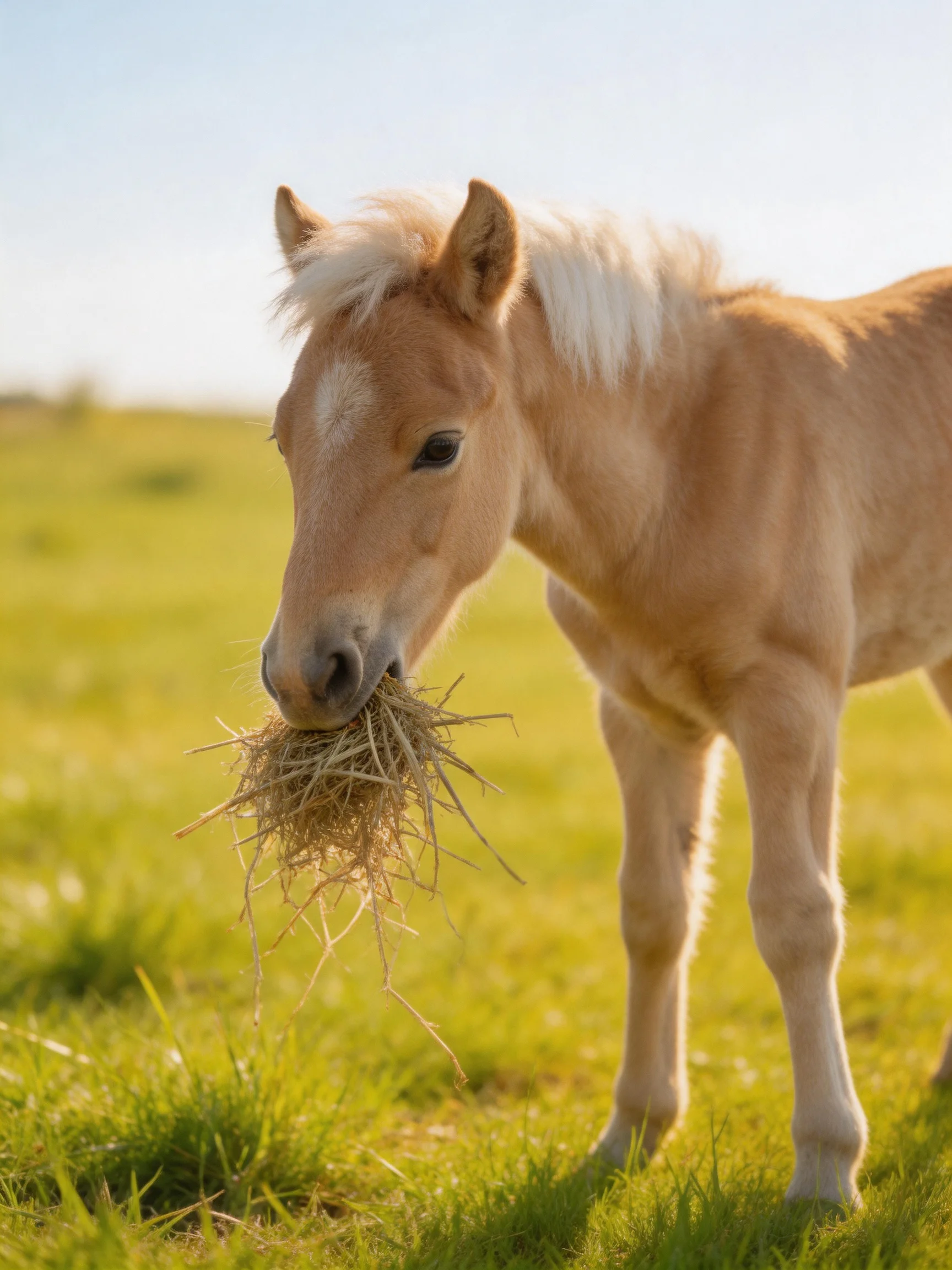 A light tan foal eating hay in a sunlit green meadow