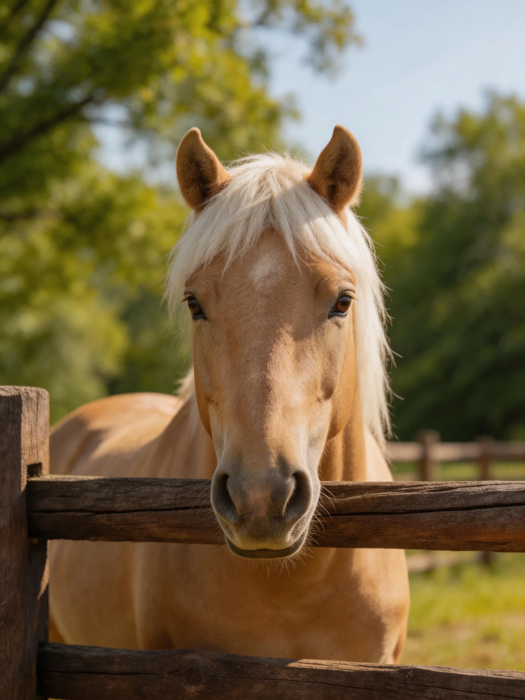 A light tan horse with a white mane near a wooden fence