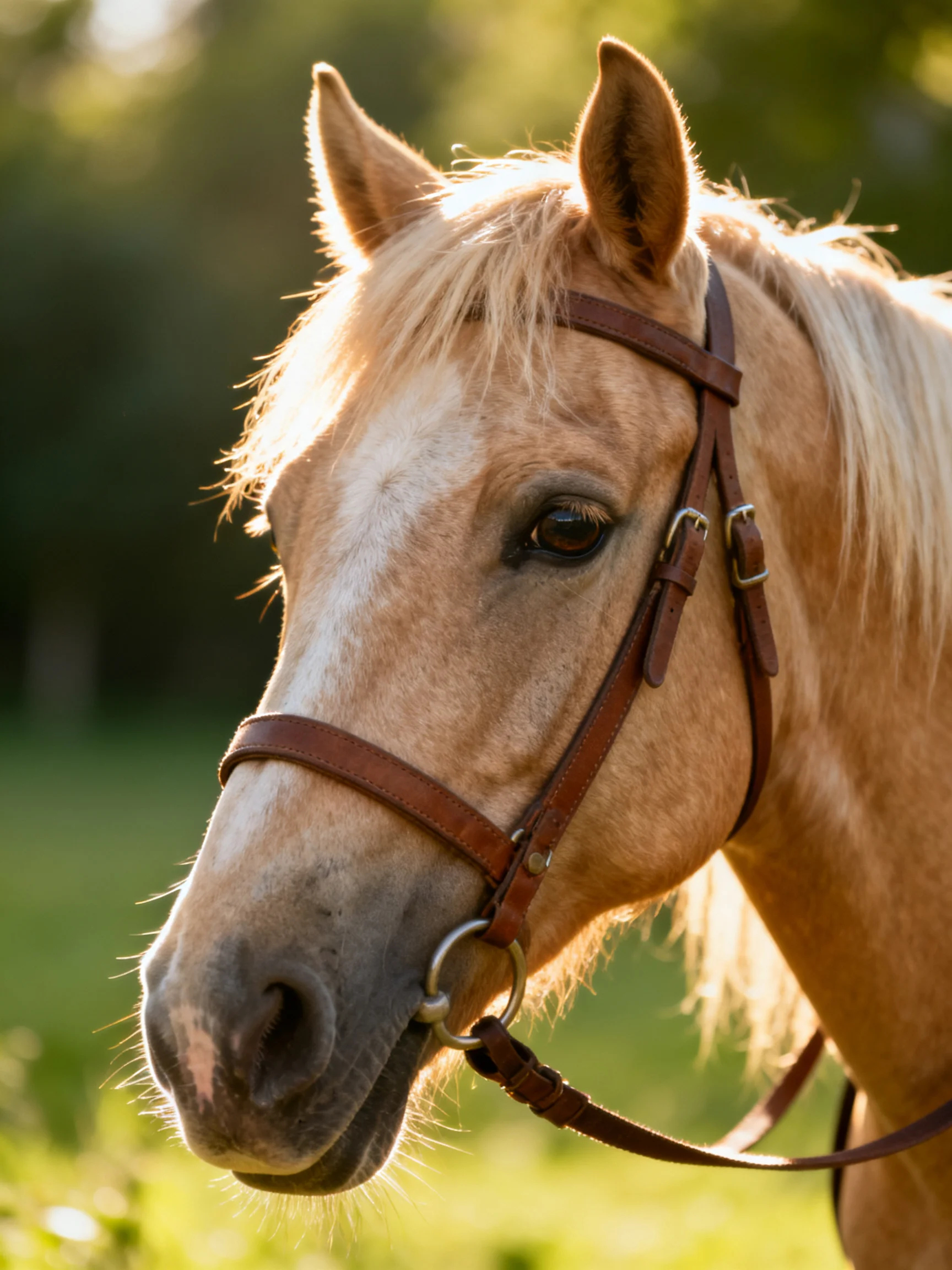 A light tan horse with blonde mane and brown leather bridle in a sunlit field