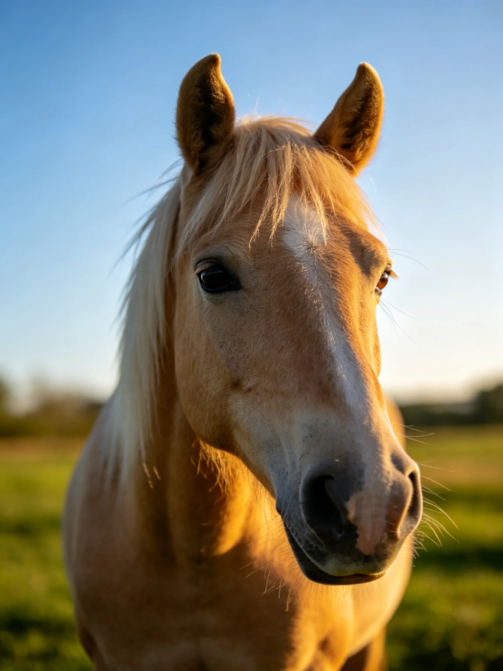 A light tan horse with blonde mane in a sunlit field