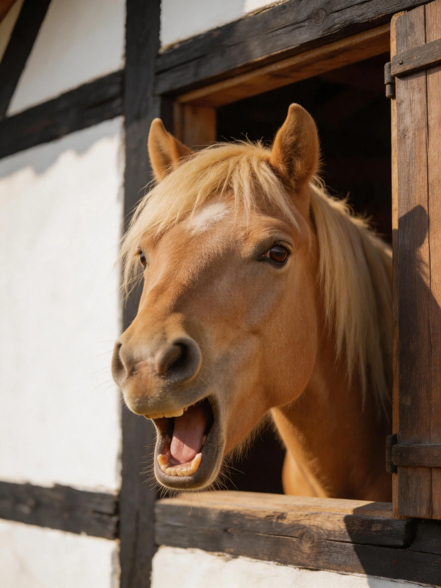 A light tan horse with blonde mane looks out of a wooden stable window