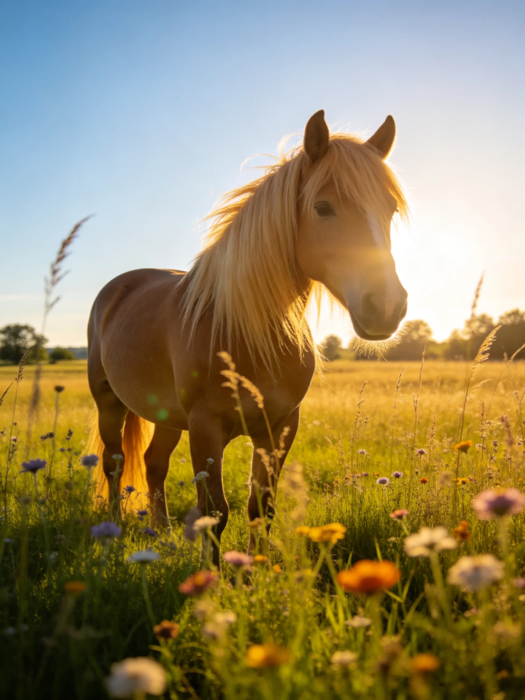 A light tan horse with long blonde mane in a flower-filled sunlit meadow