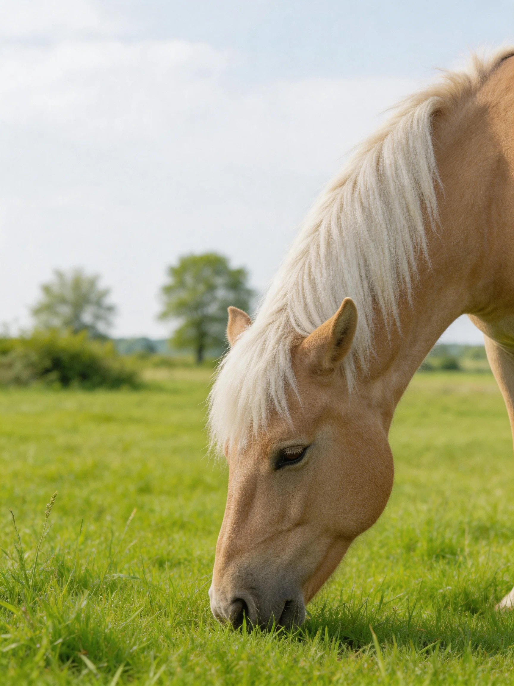 A light tan horse with long white mane grazing in lush green meadow